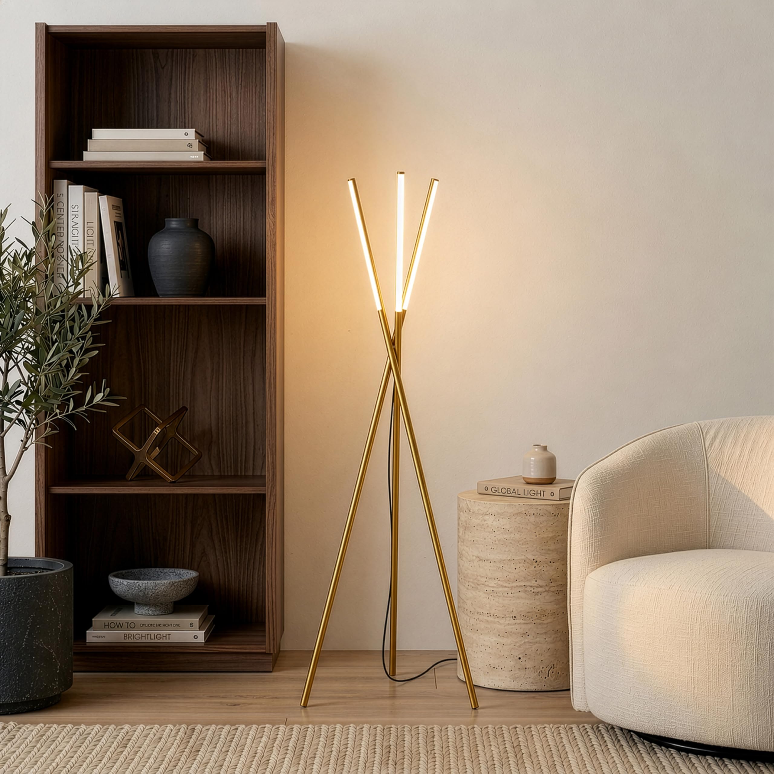 Brightech Stix LED Tripod Floor Lamp for Living Room - Dimmable Modern Standing Lamp with 3 Lights for Bedroom - Contemporary Office Lighting- Gold Antique Brass product thumbnail 6