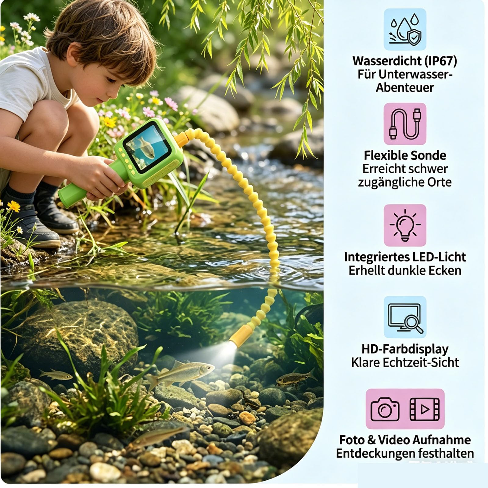 Kinder Entdecker Kamera, Digitales Mikroskop Für Kinder - Unterwasser & Natur Exploration Spielzeug Mit Licht & Display, Beweglicher Endoskop Endoskopkamera Fördert Neugier & Entdeckerfreude (1PC)