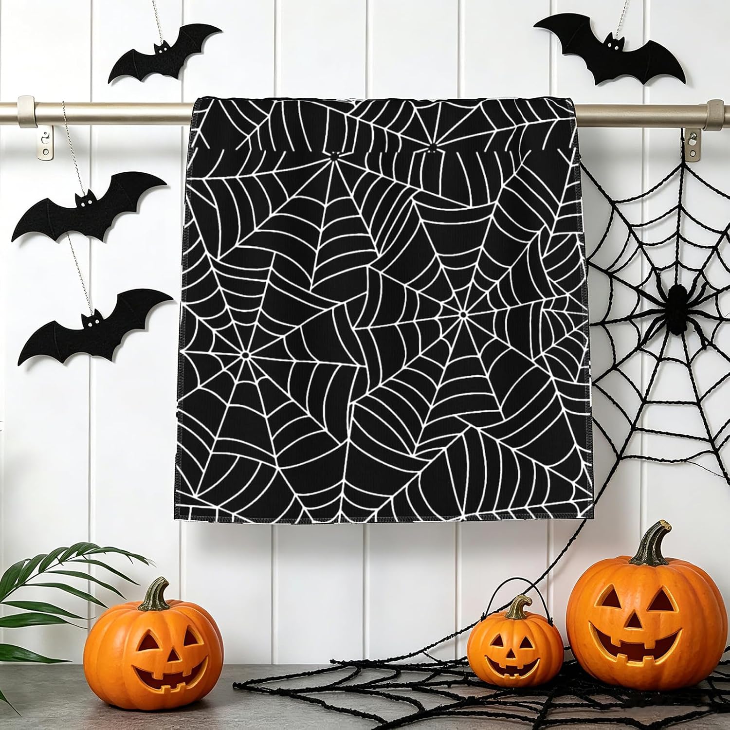 Halloween Spider Web Kitchen Towels, 2 Pack Gothic Black White Farmhouse Tea Towel,Soft Drying Dishcloths for Holiday Home Decor, 18x26 Inch