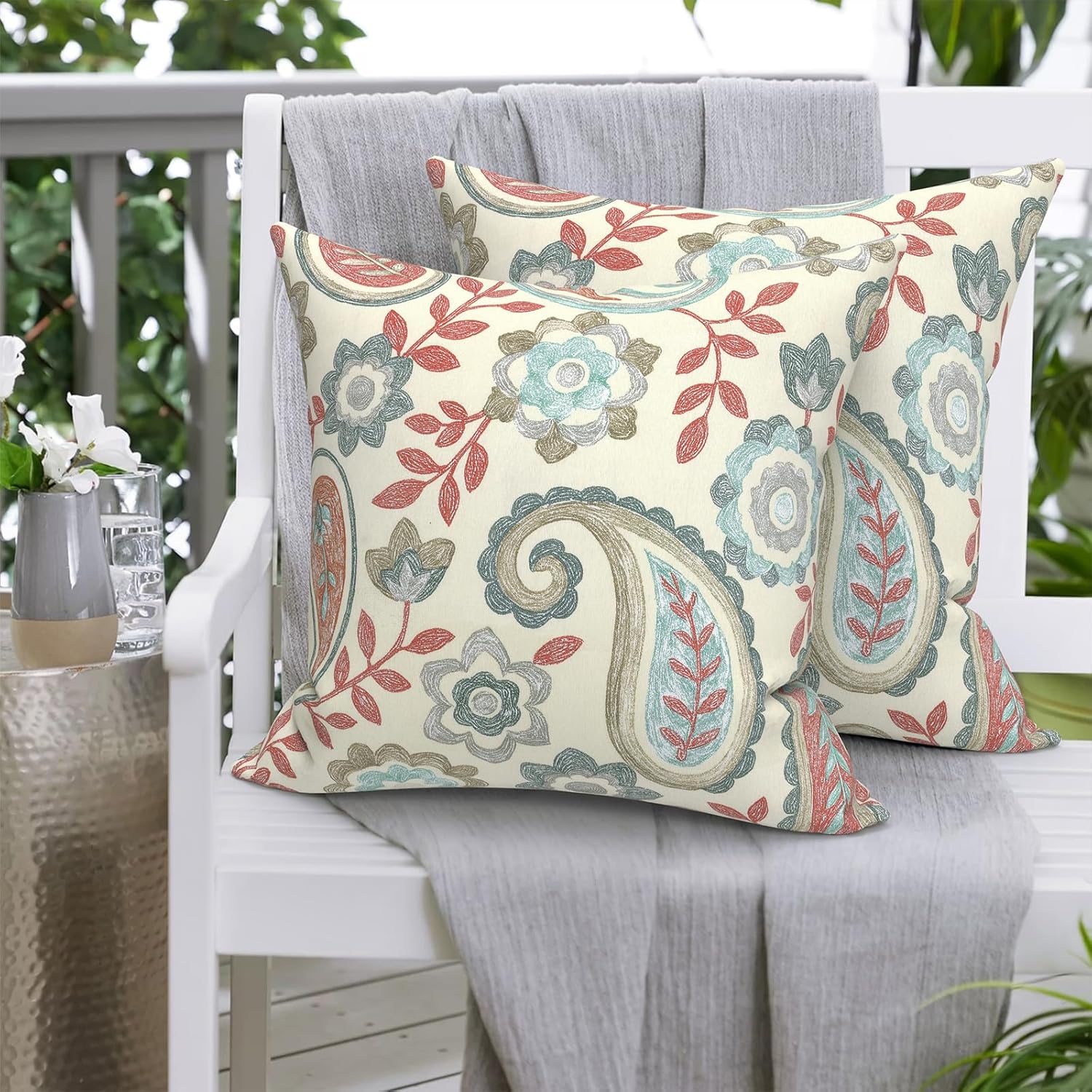 20x20 Inch Pack of 2 Patio Throw Pillow Covers ONLY, Water Repellent Cushion Cases, Square Pillowcases for Outdoor Couch Decoration, Paisley Vintage