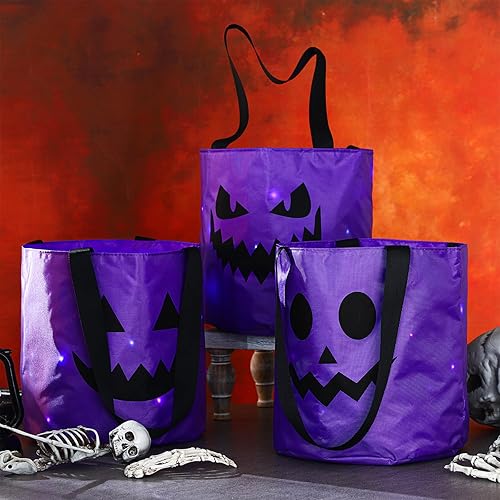 Miniatura 6 de Sadnyy 3 bolsas de Halloween con luz LED, cubo de calabaza, bolsas de Halloween iluminadas con cara de calabaza sonriente, bolsas de dulces