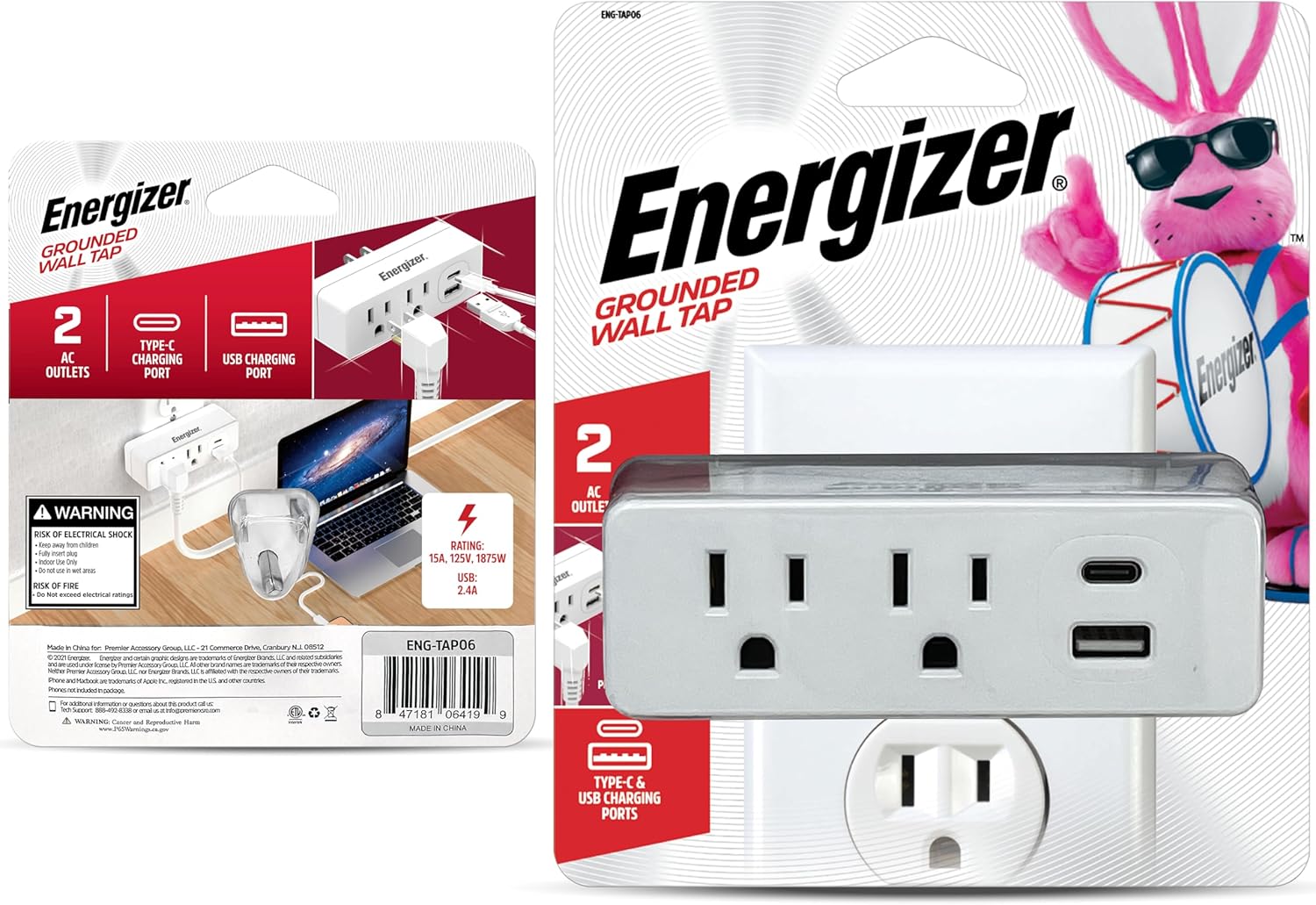 Energizer 4 Pack of (2) AC Power Outlets (1) Type C Port (1) USB A Port (2.4A Total Output) Fast Charging Multi Plug Wall Outlet Extender Grounded Power Strip Expander Outlet Splitter