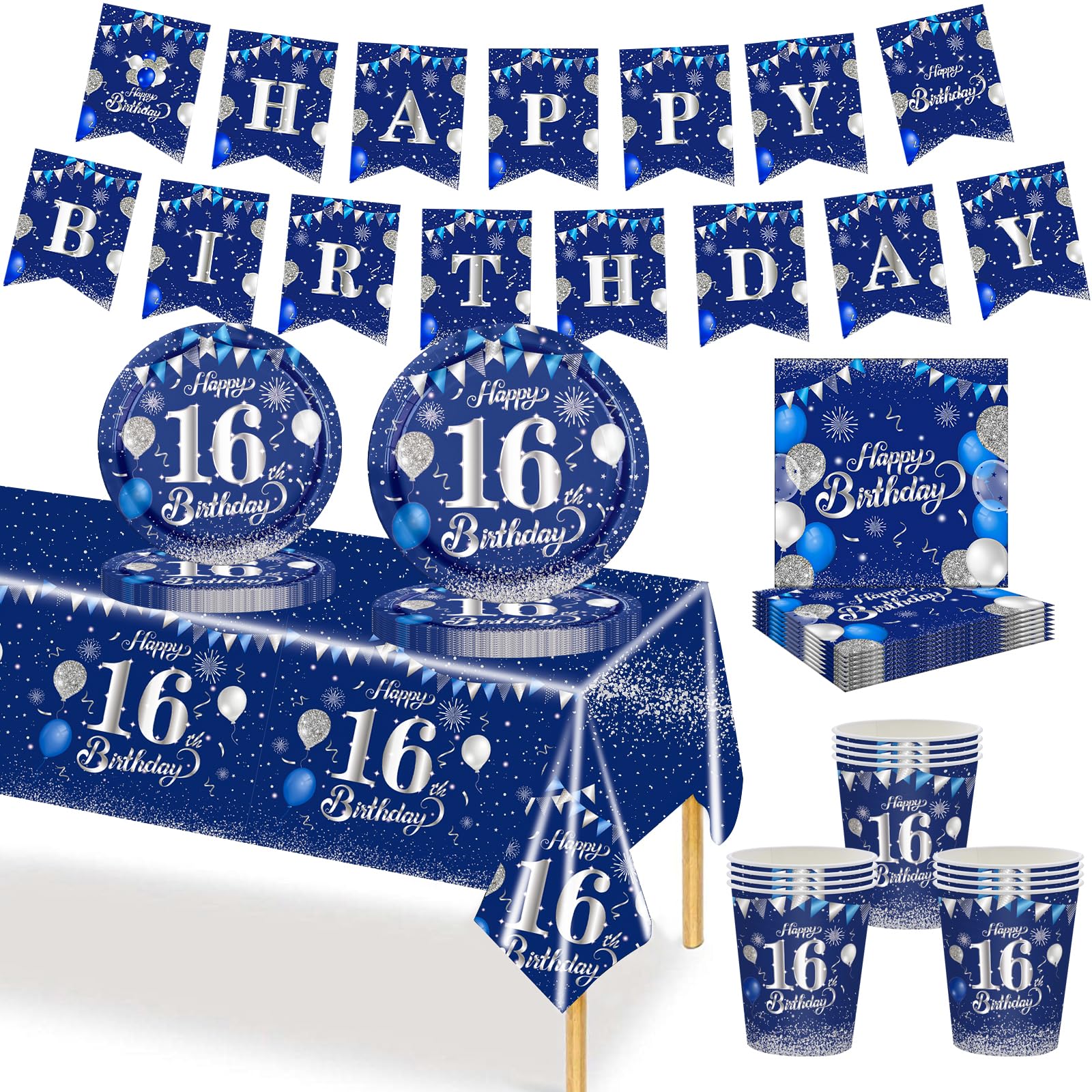 MORAINJAY 70 Pcs 16th Birthday Tableware,16th Paper Plates Cups Napkins Banner, Table Decoration Set for Boys Girls Birthday Party Supplies(Navy Blue)