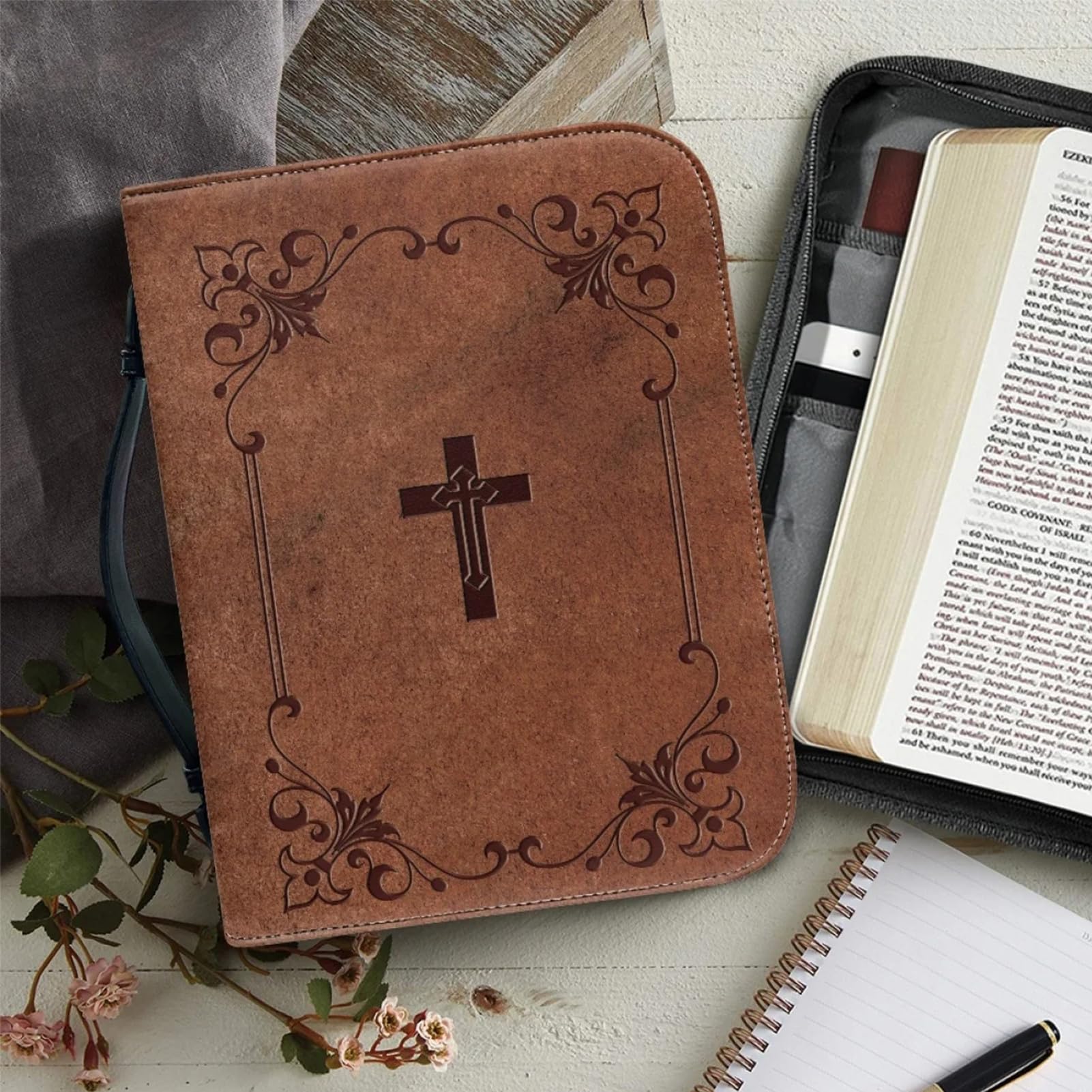 Custodia classica per bibbia, custodia per bibbia in pelle PU con cerniera, resistente all'acqua, custodia protettiva per il trasporto della chiesa con manico, per festa della mamma, Natale, Pasqua