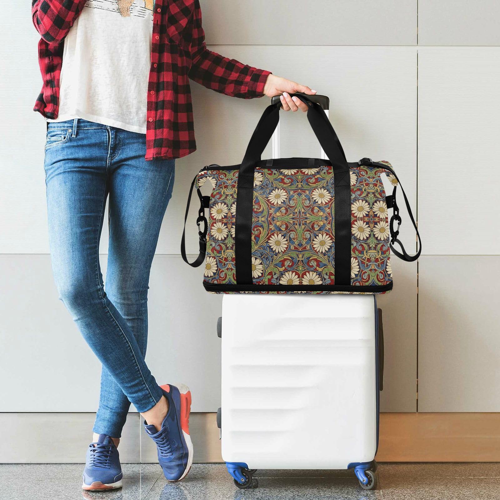 Daisy Red Blue William Morris wzór torba sportowa z mokrą kieszenią regulowany pasek sportowa siłownia torba na ramię na siłownię składana dla mężczyzn kobiet