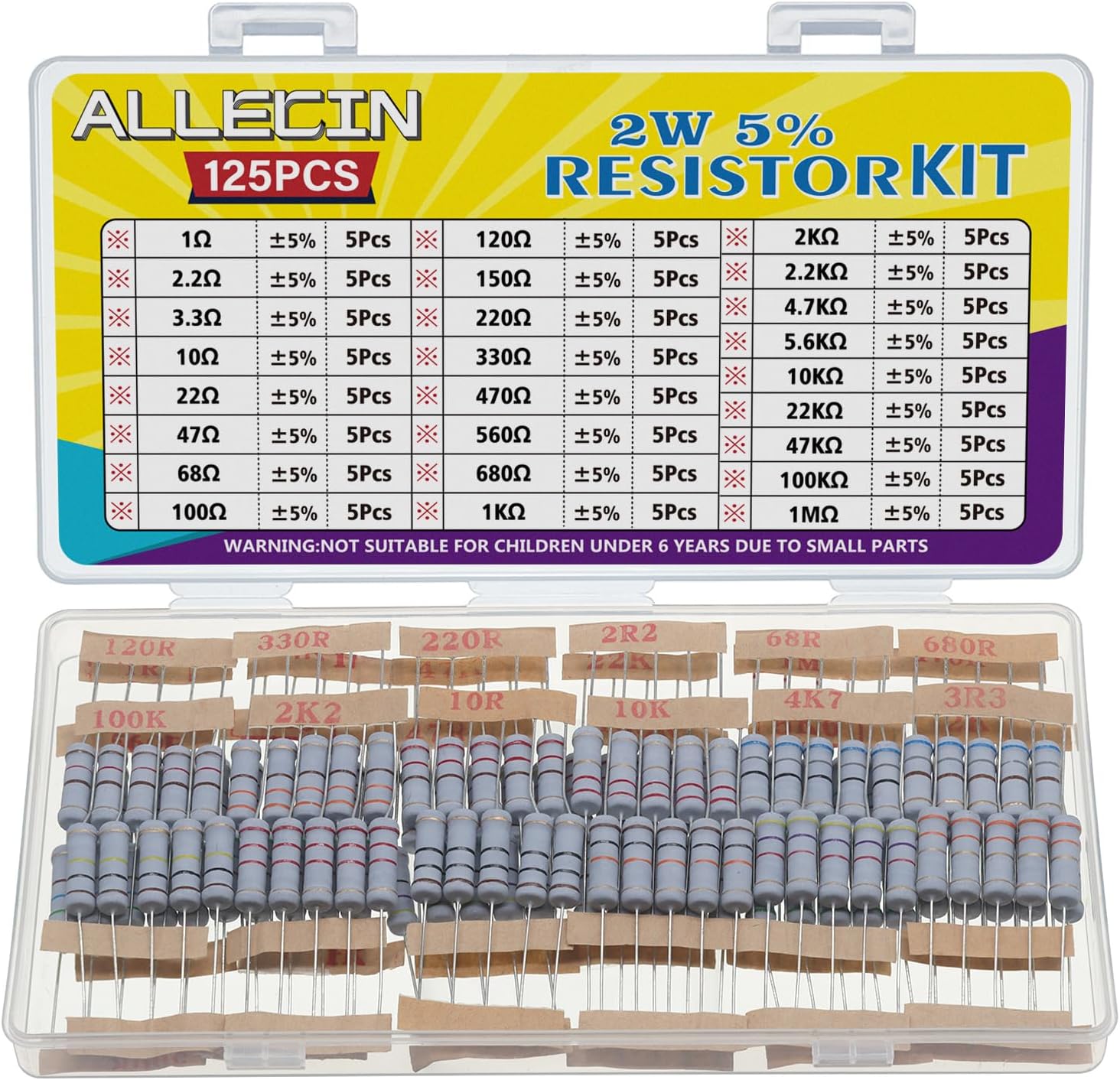 25 Values 2W Carbon Film Resistor Kit from 1 Ohm to 1M Ohm 2 Watt 5% Resistors Assortment