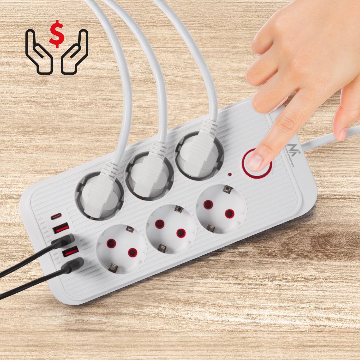 Maclean MCE389/391 Listwa zasilająca | 6 gniazdek 4xUSB 1xUSB-C 2500 W | przedłużacz biurkowy z wyłącznikiem | porty pod kątem 45° | montaż na ścianie (Biały, 6 gniazd + 4xUSB / 3m)
