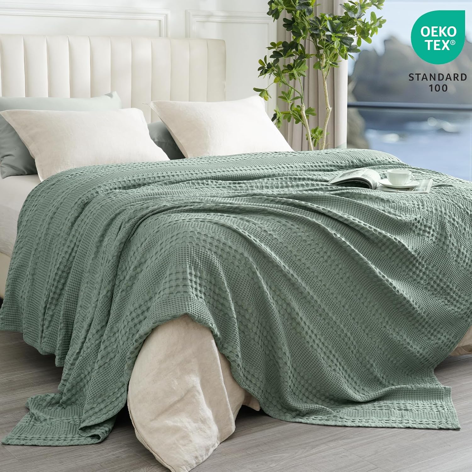 PHF Cooling Waffle Blanket Queen Size, Lightweight 60% Rayon Derived from Bamboo & 40% Cotton Breathable Blanket for Hot Sleepers, Soft and Luxury for Bed Couch and Sofa, 90"x90", Slate - Image 3
