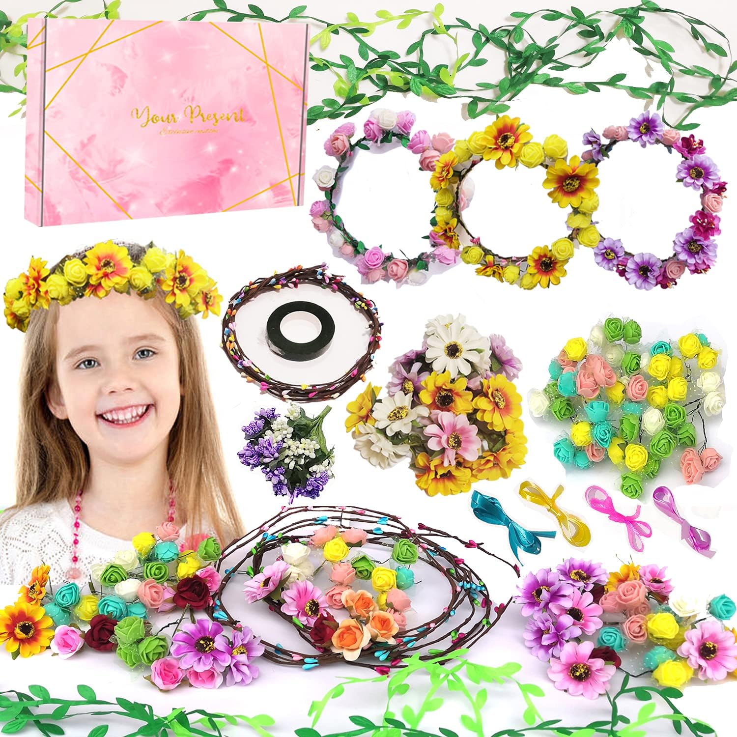 SUPPAS Flower Crowns Craft Kit, Make Your Own 12 PCs Flower Crowns Garland Handmade Arts and Crafts for Kids, DIY Fairy Flower Headbands and Bracelets,Hair Accessories Gift for Girls/Teens/Women