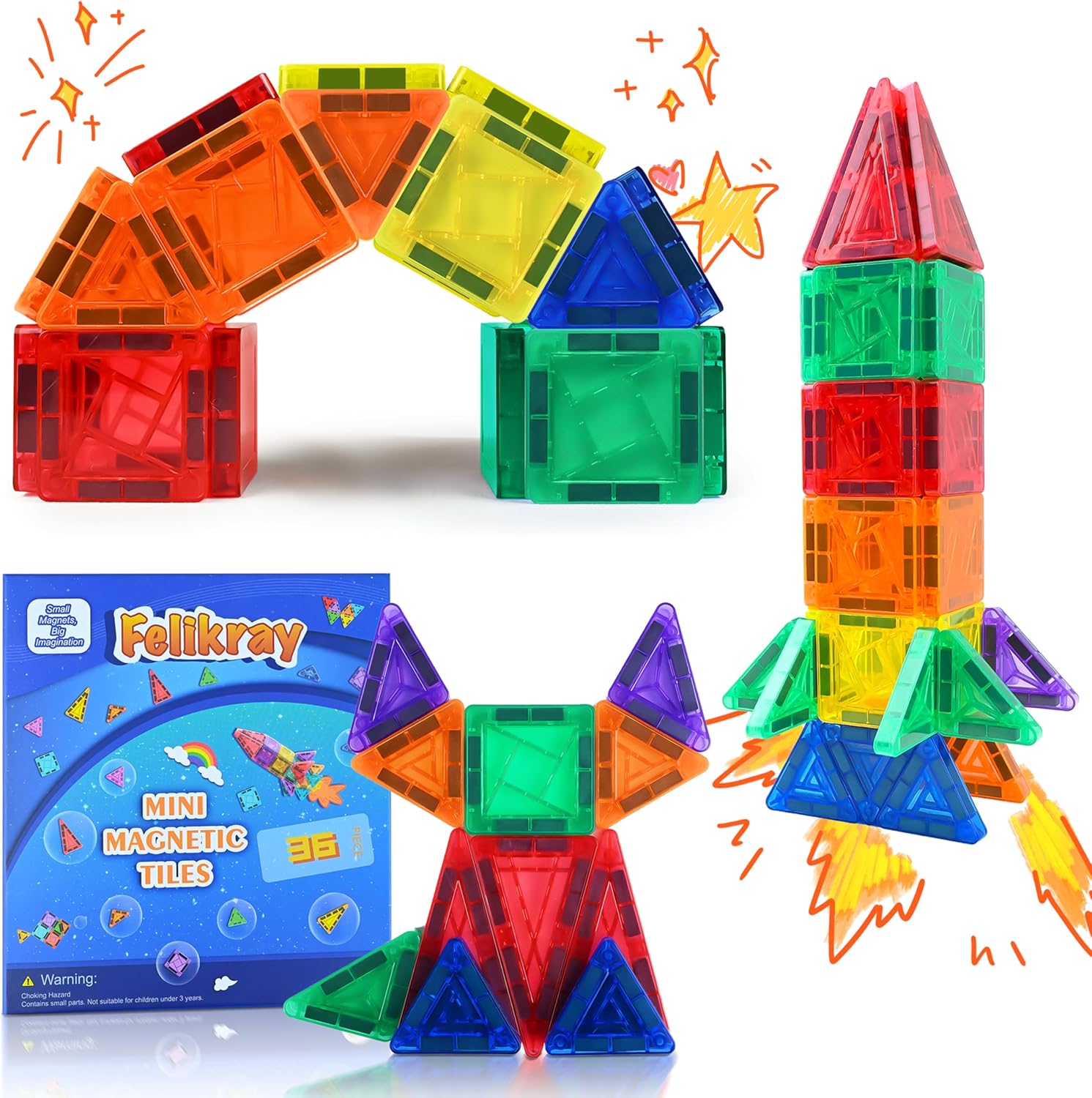 Mini Magnetic Tiles 36pcs, Travel Kids Toys STEM Magnet Toy, Easter Basket Stuffer for Toddler Magnetic Blocks Building Preschool Learning Sensory Montessori Toy for Boys and Girls