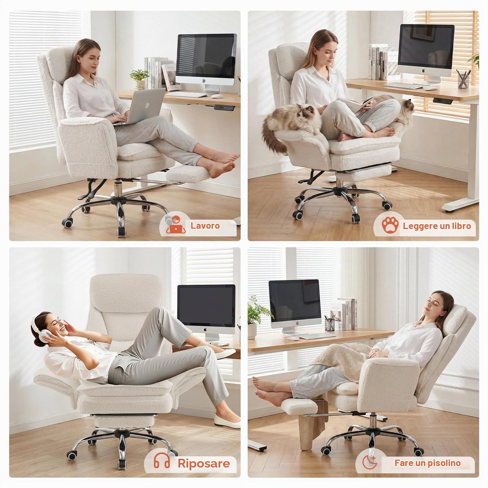 Sedia da ufficio con braccioli regolabili su 5 livelli, sedia da ufficio ergonomica con poggiapiedi e supporto lombare, sedia da gioco in altezza regolabile in riccio 200 kg, bianco