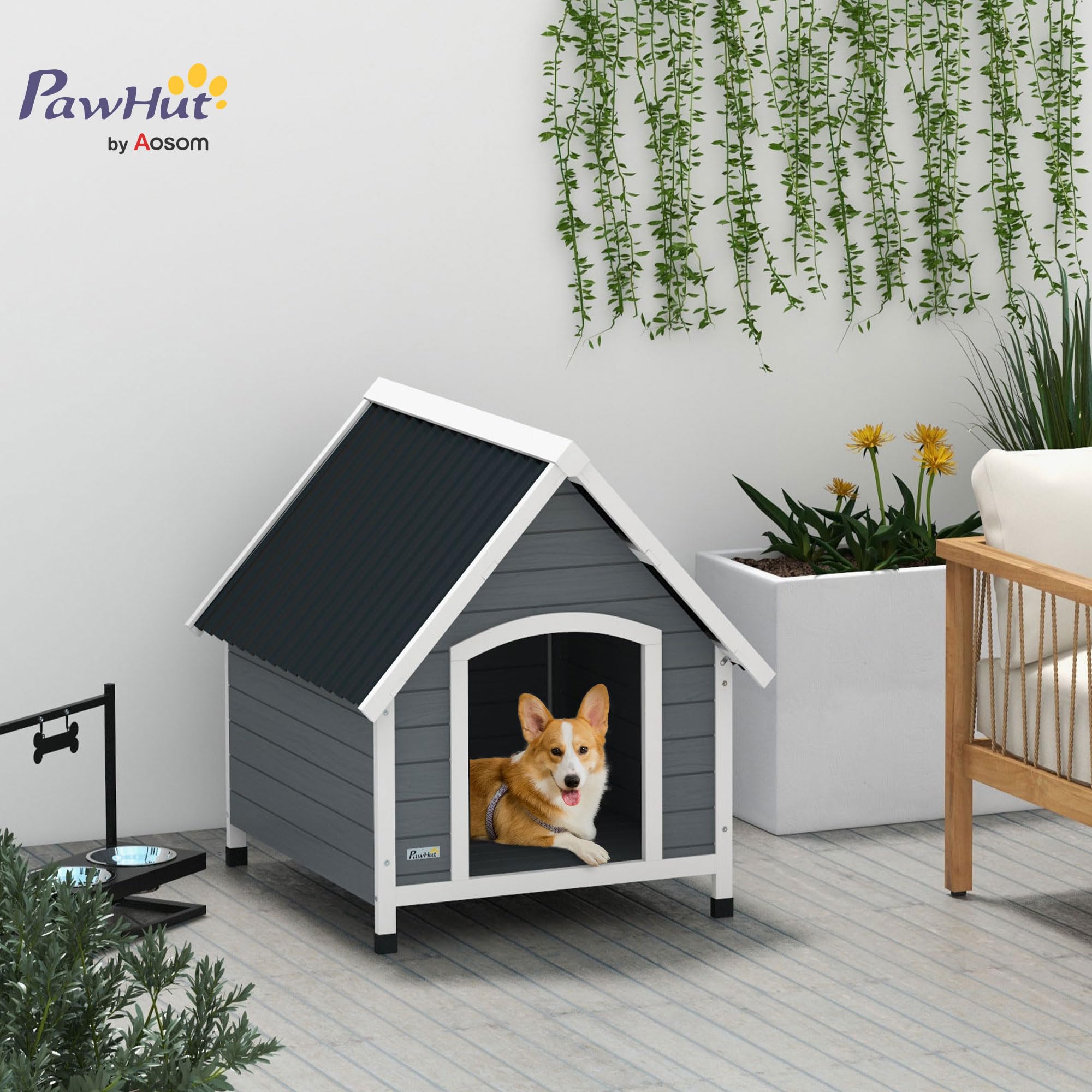 PawHut Cuccia per Cani da Esterno in Legno, Casetta, 84x99x87cm Grigio | Pavimento Estraibile, Tetto Spiovente, per Cani Grandi