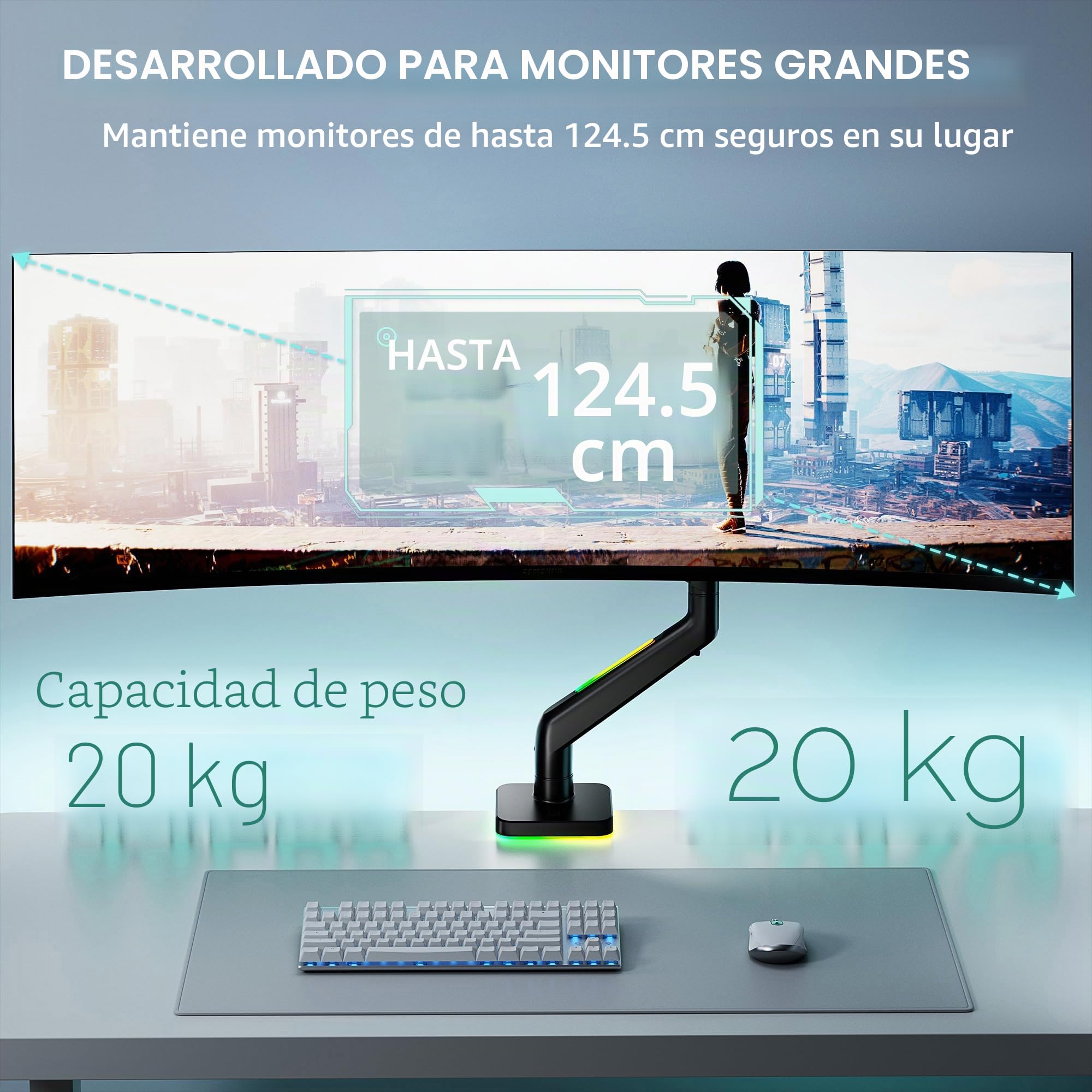 ARES WING Ergonomic Brazo de Monitor RGB para monitores de 17 a 49", Blanco | Capacidad de Carga de hasta 20 kg, Resorte de Gas, diseñado para Gamer