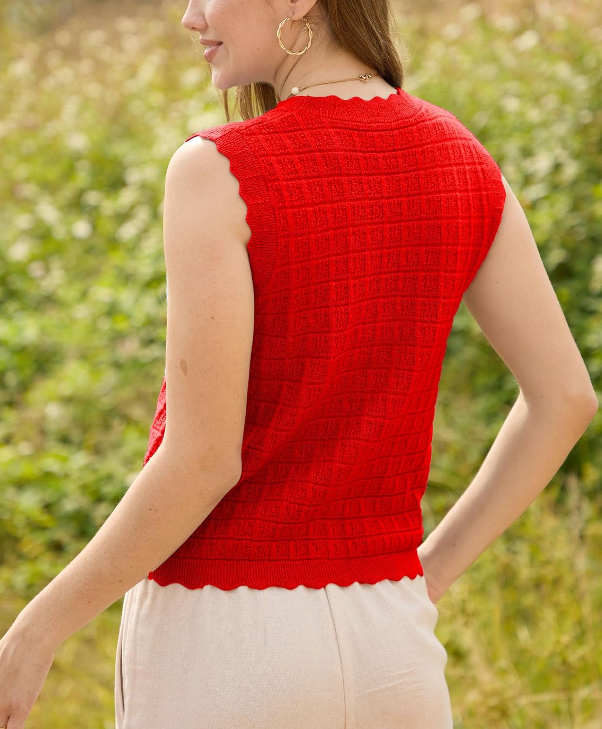 Trendy Sweater Vest Waffle Knit Top Vest V Neck Cardigan Sweater Casual Sleeveless Tops Cute Ruffle Vest - Image 2