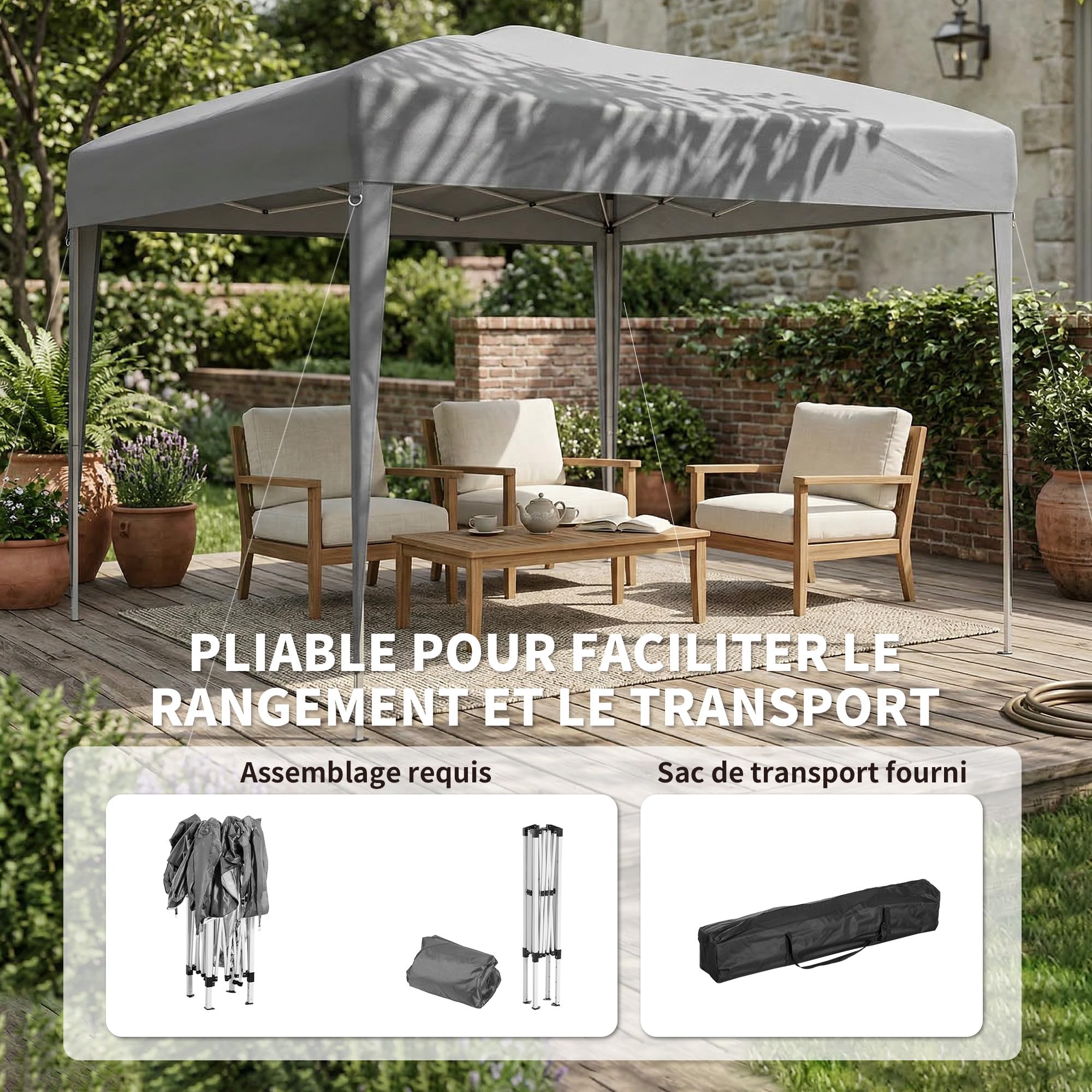Outsunny Tonnelle de Jardin extérieur 3x3m Tonnelle Pliante Pop up Tente Pliable Barnum de Jardin Pliant Anti-UV + Sac de Transport Acier Oxford Gris