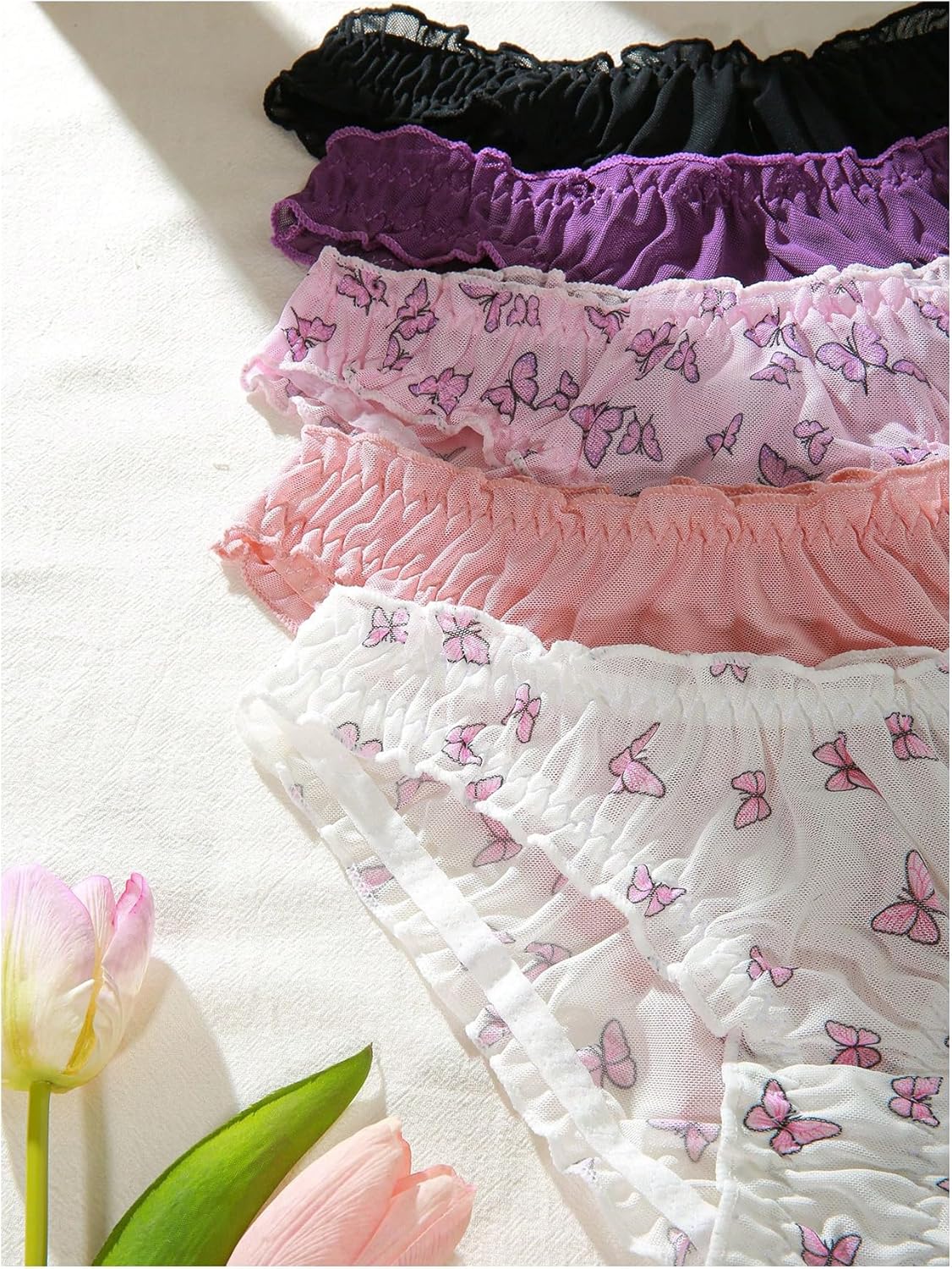 SHENHE Women's 5 Pack Cute Briefs Frilly Lettuce Trim Mid Rise Mesh Panty Sets Underwear - Image 5
