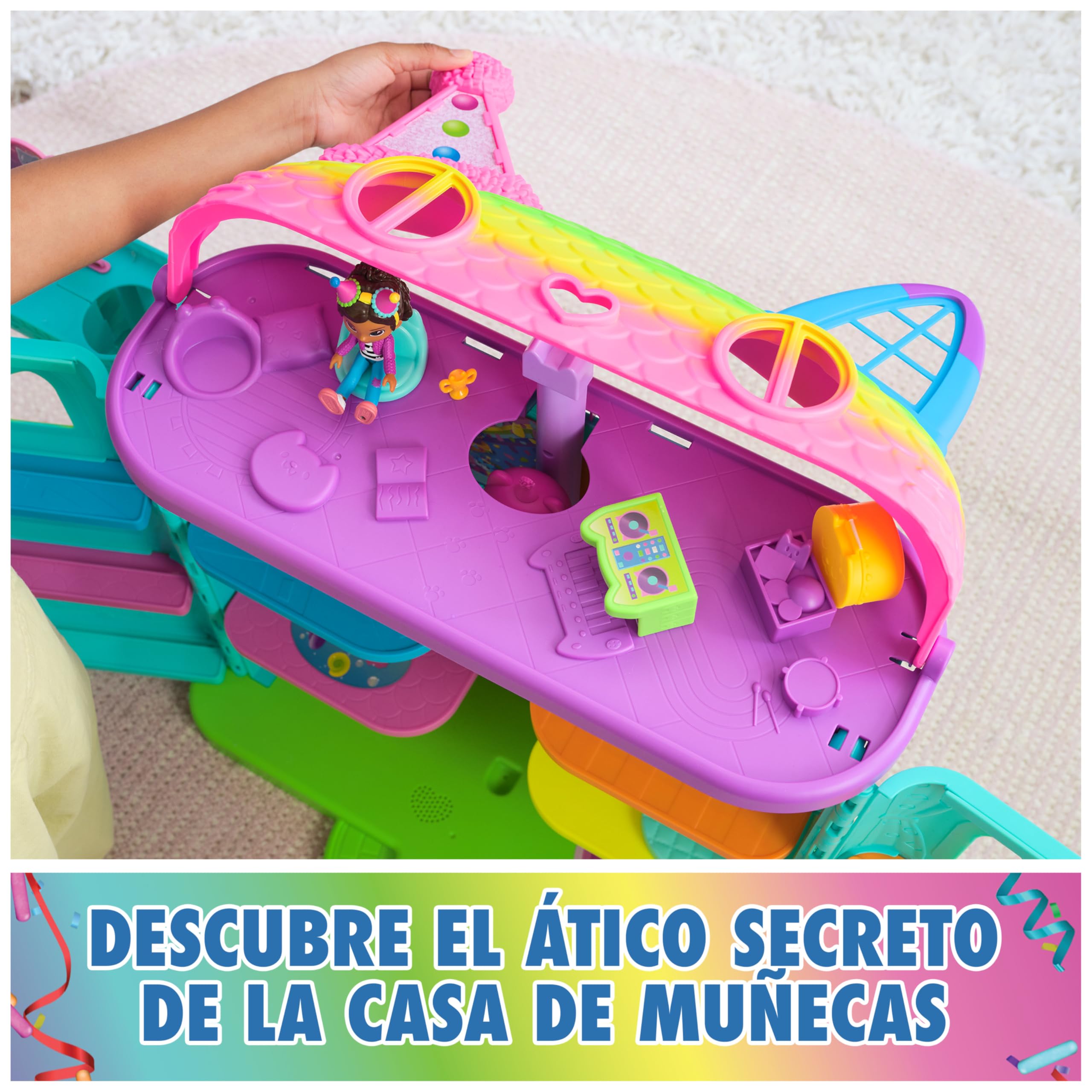 LA CASA DE MUÑECAS DE GABBY - CASA DE MUÑECAS FESTIVA GABBY'S DOLLHOUSE CON SONIDOS, FIGURA, 14 ACCESORIOS ARCOIRIS Y 2 CAJAS SORPRESA - 6070742 - Juegos Infantiles - Juguetes Niños 3 años +
