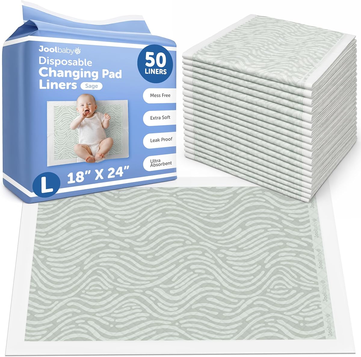 Disposable Changing Pad Liners, Ultra-Absorbent - 50 Count (Sage) | Waterproof Backing Protects Surfaces From Leaks – Individually Folded – Great for at Home or On the Go