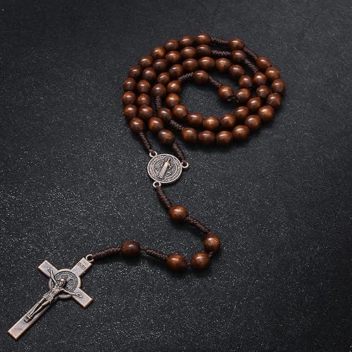 Miniatura 5 de KOMI Rosarios católicos de madera hechos a mano, collar de cuentas de rosario de madera de Belén, medalla de suelo santo y cruz de metal para regalo