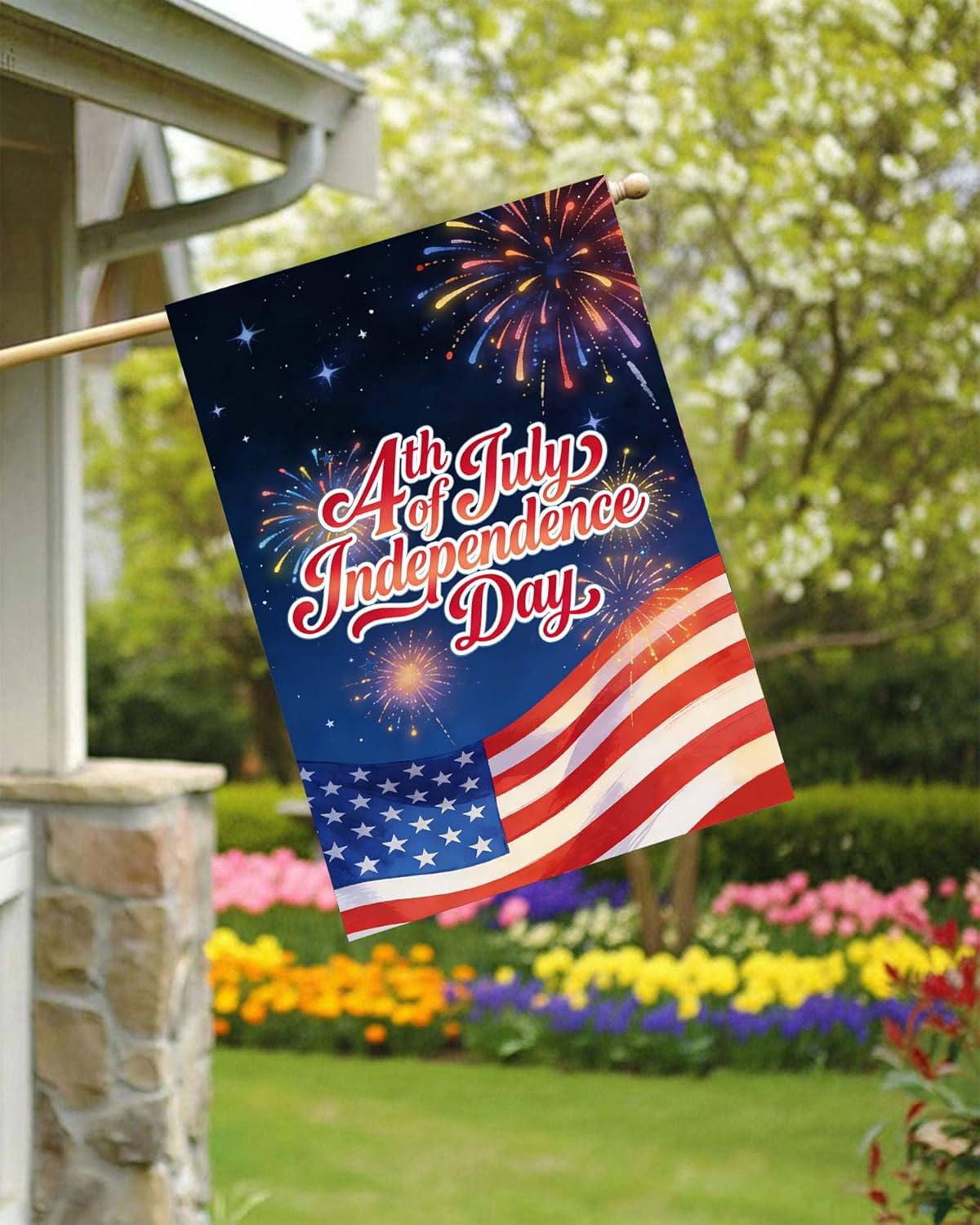 Celebrate USA American 4th of July Flag Independence Day Fireworks House Flag 28" x 40" Double Sided Polyester Welcome Yard Garden Flag Banners for Patio Lawn Home Outdoor Decor