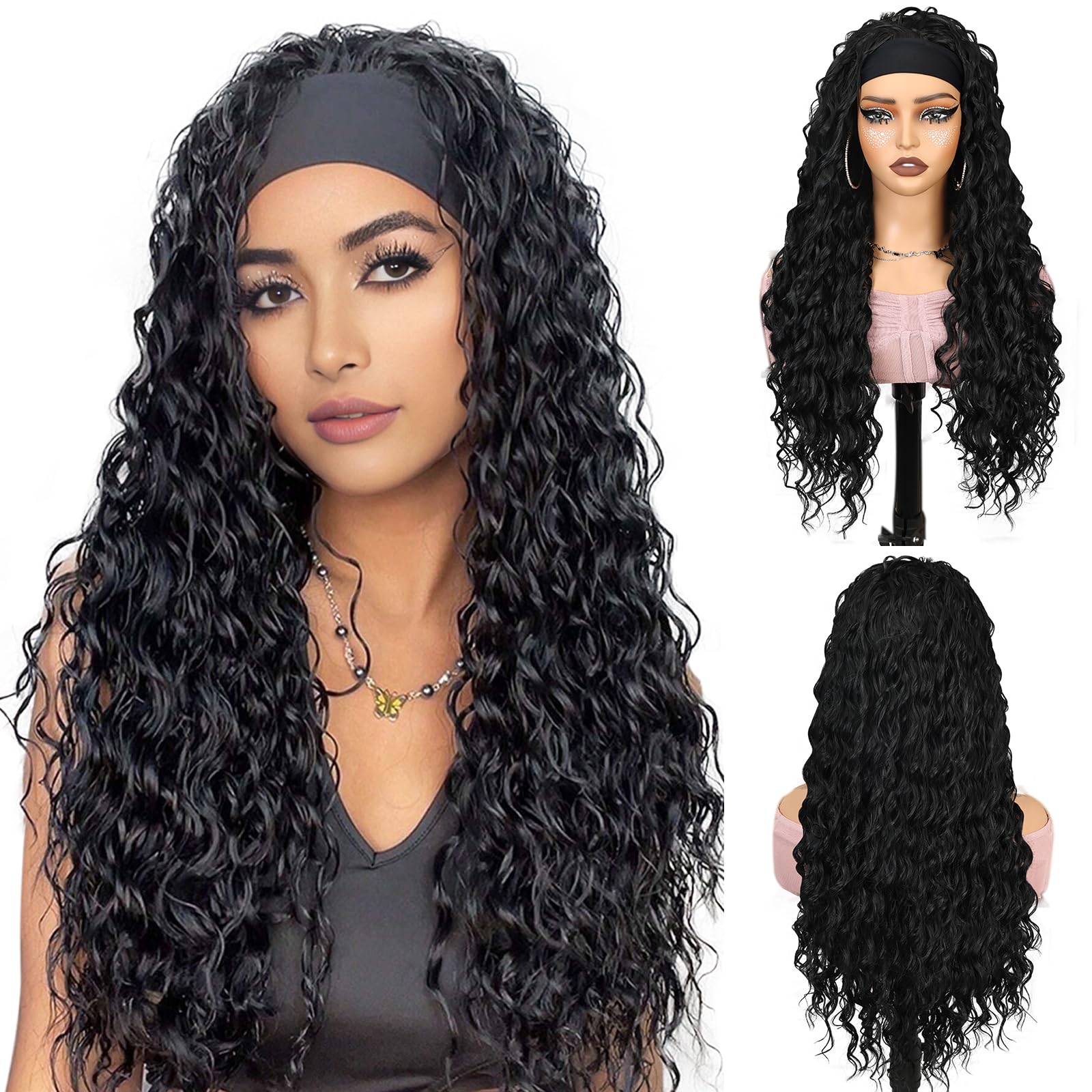 Creamily Long Body Wave Headband Wig Synthetic Curly Wigs for Women, Hair Wigs with Headband Wear and Go Glueless Women Wig Full Head (Black, 25 Inch)-image-18