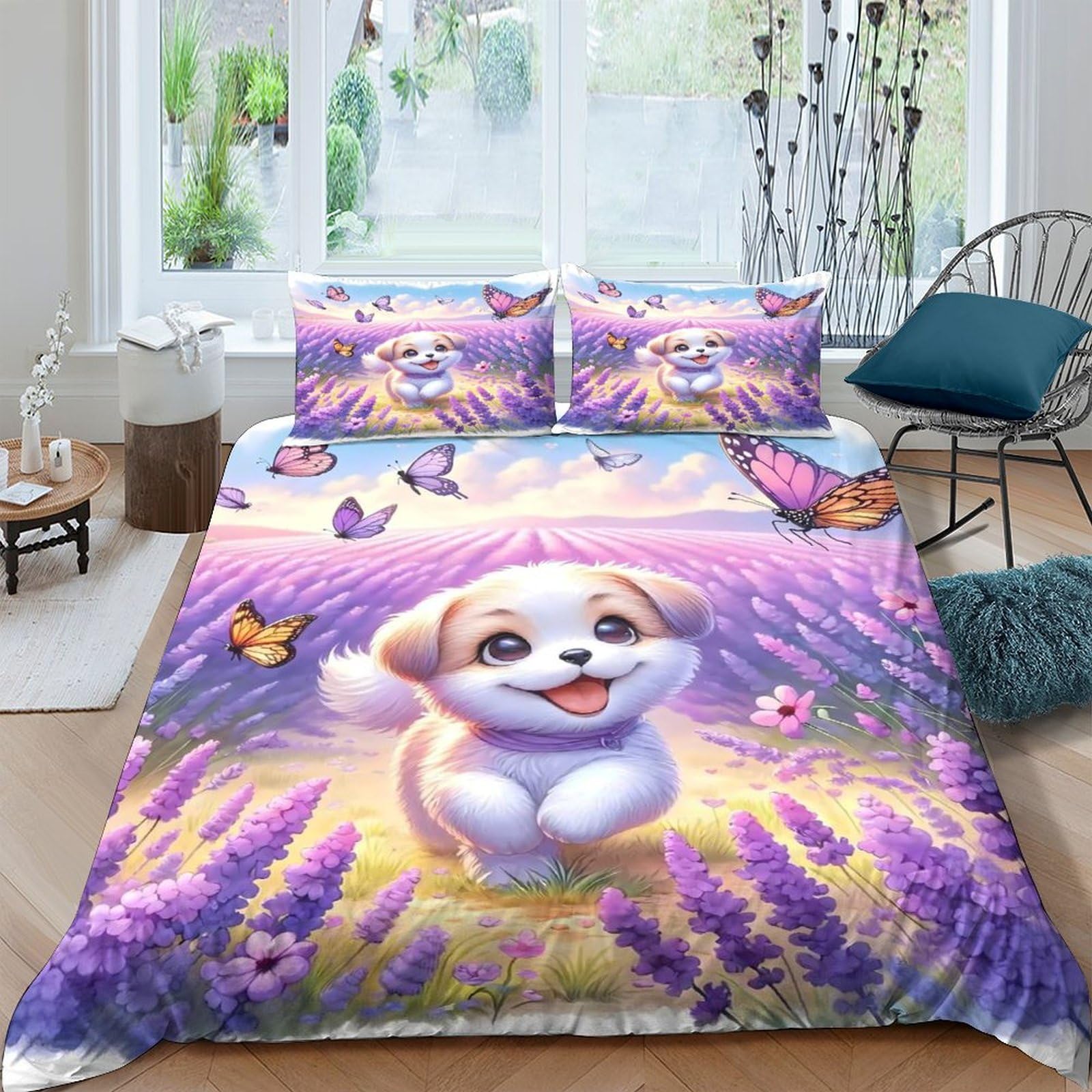 Ctjqhvkz Style-9 3D Printed Puppy Lavender Fitted Sheet Microfiber Soft Anti-Slip Butterfly Mattress Cover For Bedroom Dorm Decor Easy Care Single（135X200cm）