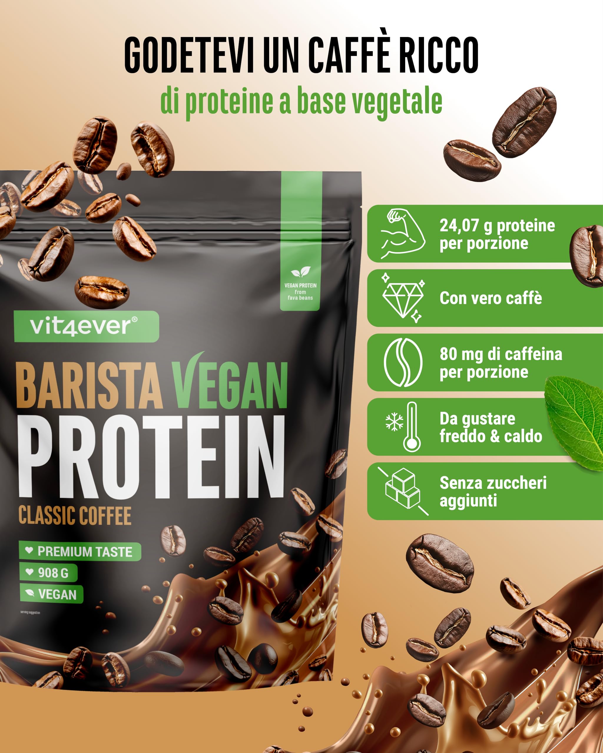 Barista Protein Coffee - Cremoso caffè proteico a base vegetale con fino a 24 g di proteine per porzione - con vero caffè, caffeina, pochi zuccheri e grassi, senza soia - (908 g, Classic vegan)