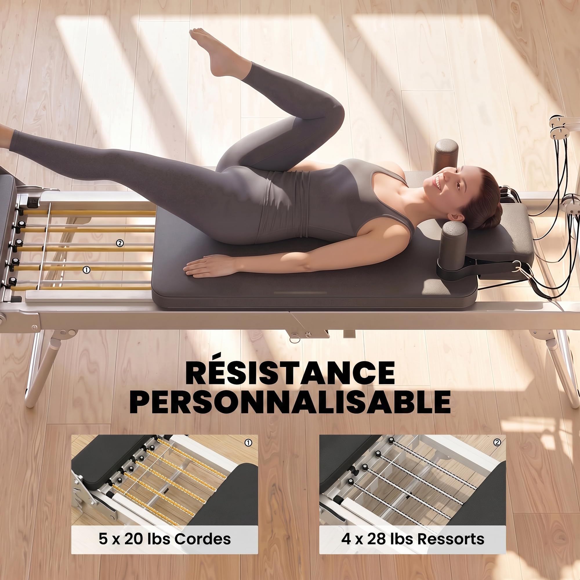 SPORTNOW Máquina Reformer de Pilates Plegable, Sistema Híbrido de 4 Muelles y 5 Cuerdas - Aparato de Pilates en Acero de Alta Estabilidad, Silencioso - Diseño Ultracompacto de 103 cm para Espacio