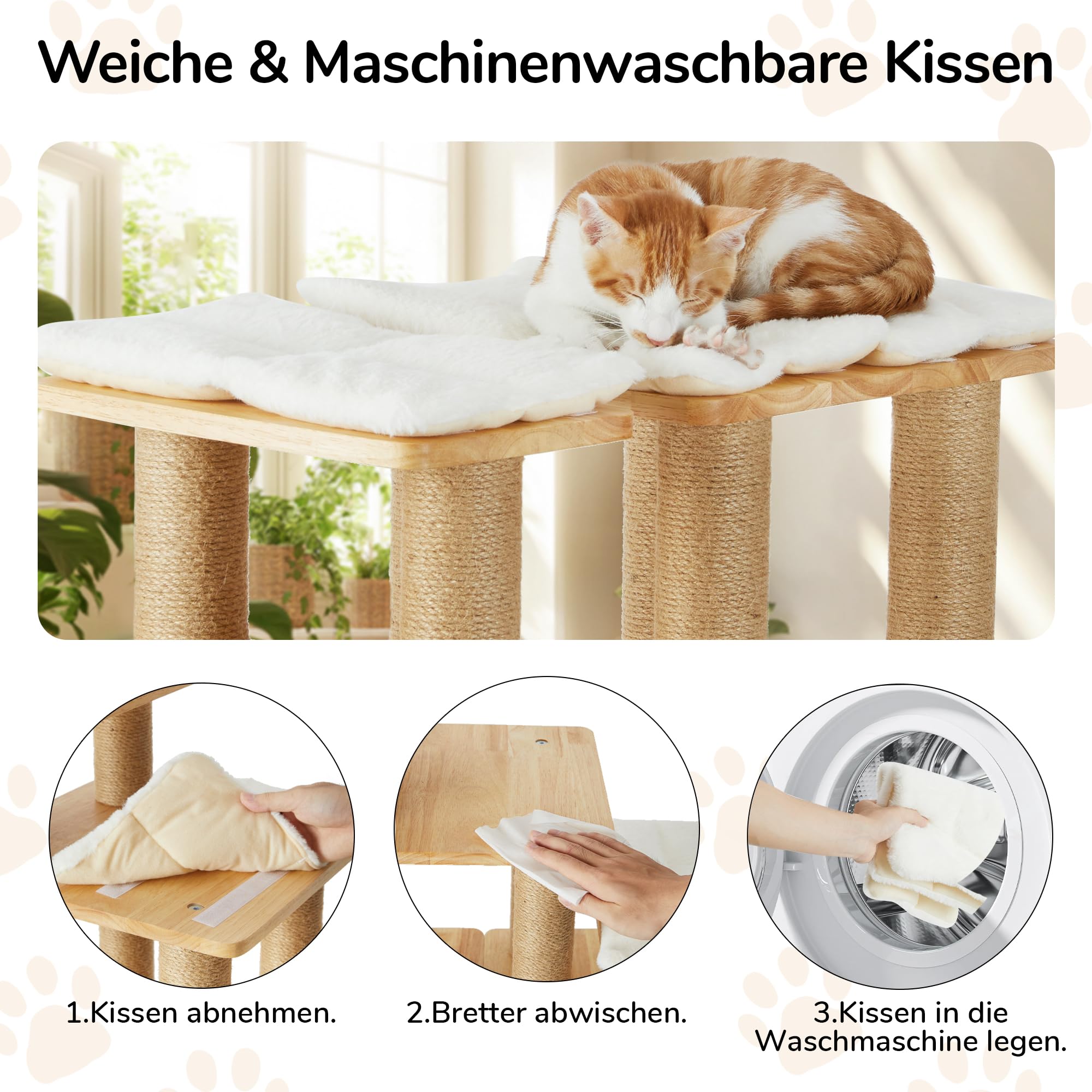 FUKUMARU Hundetreppe, 3 Stufen Haustiertreppe, Katzentreppe aus natürlichem Gummiholz und Jute，18-51cm einstellbare Höhe, Hält bis zu 90 kg，Plüschkissen waschbar, 6 Kombinationsmöglichkeiten