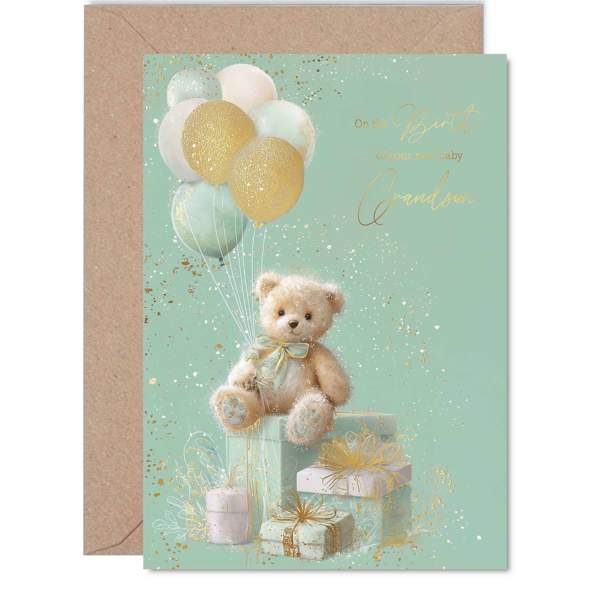 Gold New Baby Unisex Card for Grandson, Teddy Bear Gifts Balloons