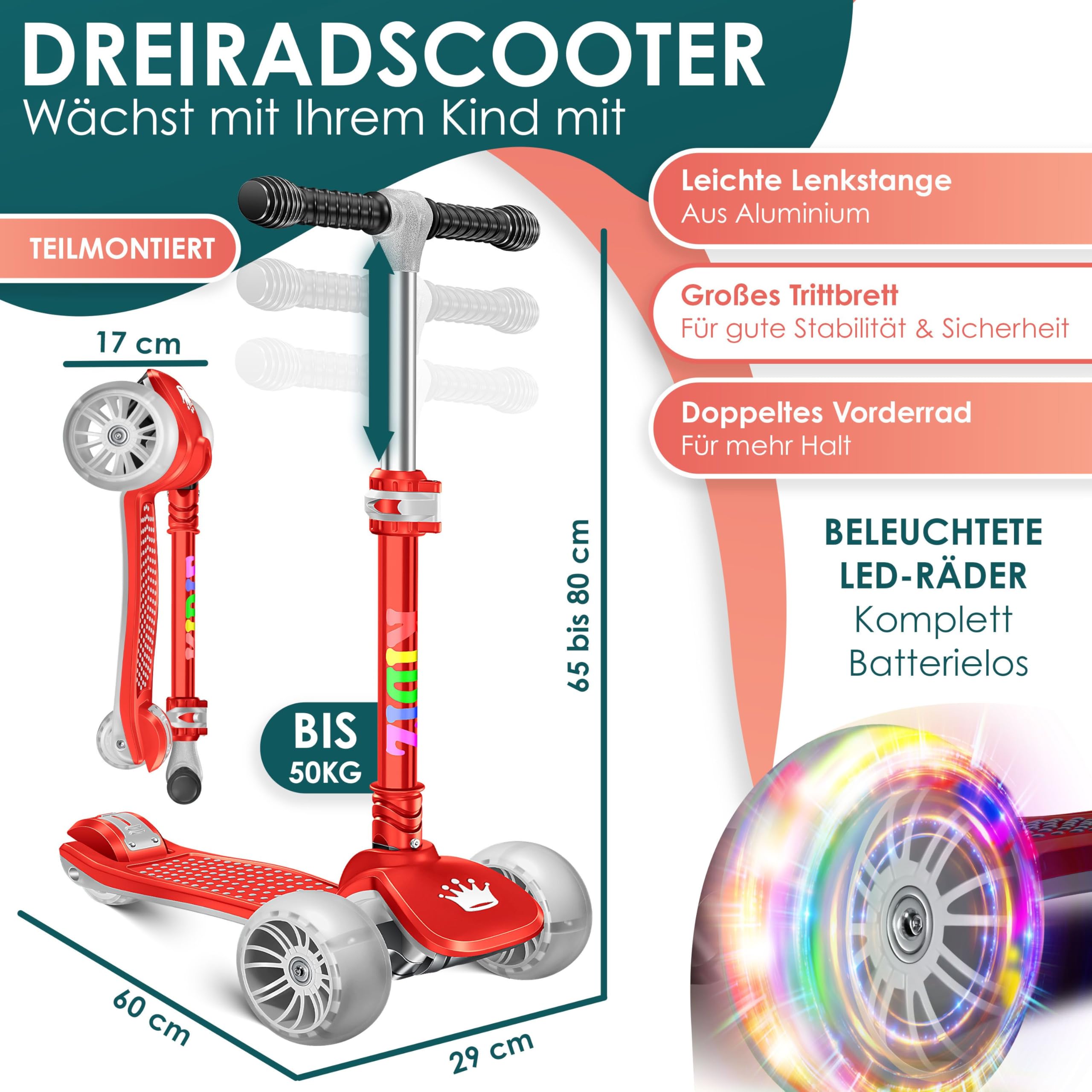 KIDIZ® Trottinette Pro1 à 3 Roues avec LED en polyuréthane - Hauteur réglable
