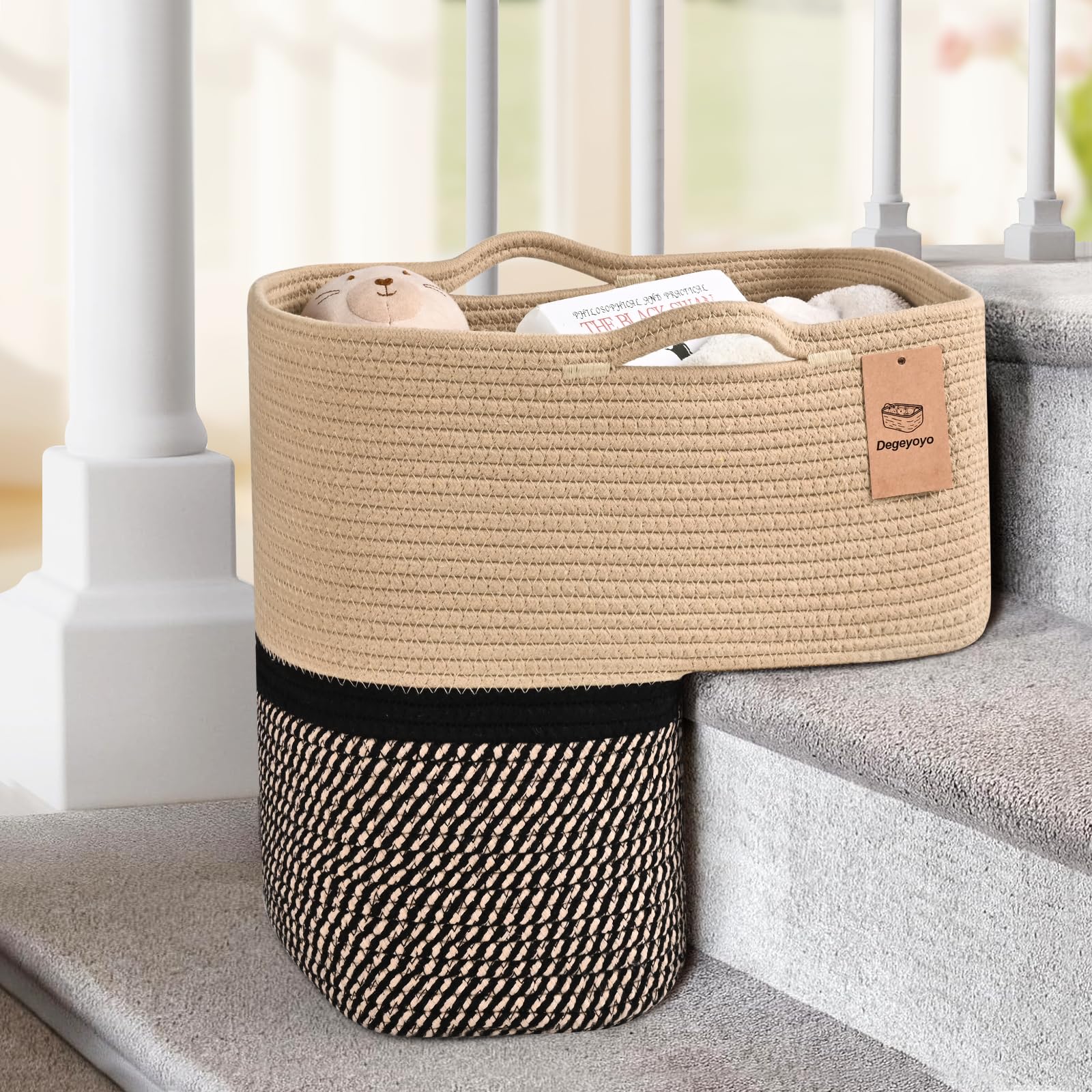 Woven Stair Basket, Stair Baskets for Wooden Stairs, Carpeted Stairs Storage Basket with Handles, Staircase Baskets for Toys, Books, Black, 15” L x 10” W x 15” H