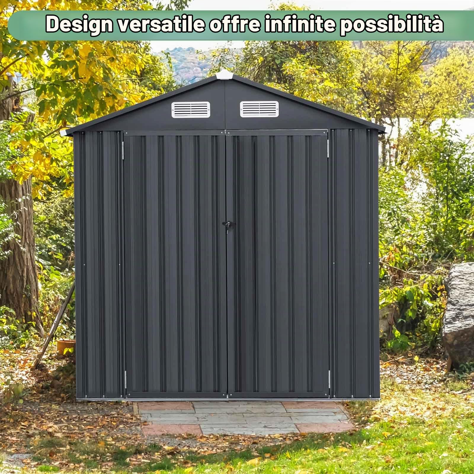 HOMASIS Casetta Porta Attrezzi da Giardino, Capanno da Giardino in Metallo con 4 Aperture, 2 Porte con Bloccaggio, Porta Attrezzi da Esterno Impermeabile e Resistente, 193 x 108 x 196 cm, Grigio