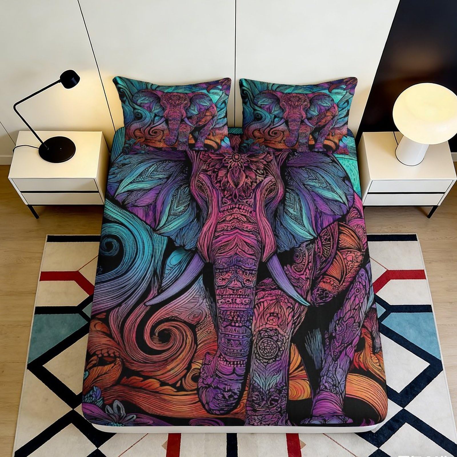 3D Printed Boho Elephant Fitted Sheet Microfiber Vibrant Mandala Mattress Cover for Bedroom Guest Room Décor 120x200cm 120x200x25cm
