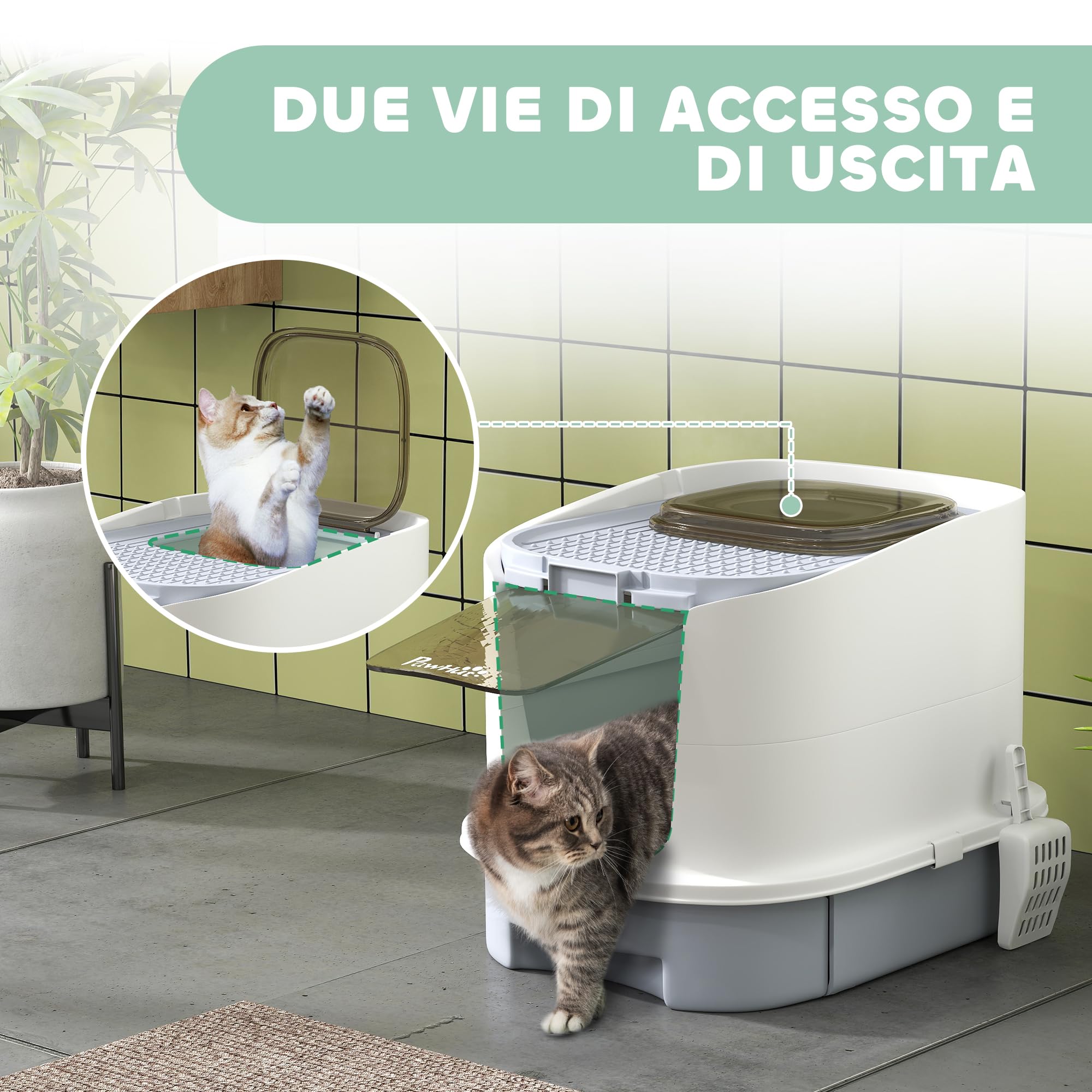 PawHut Lettiera per Gattini Chiusa con 2 Porte, Vassoio Estraibile, Paletta e Deodorante, Lettiera per Gatti in PP, 40.5x52.5x42.5 cm, Grigio