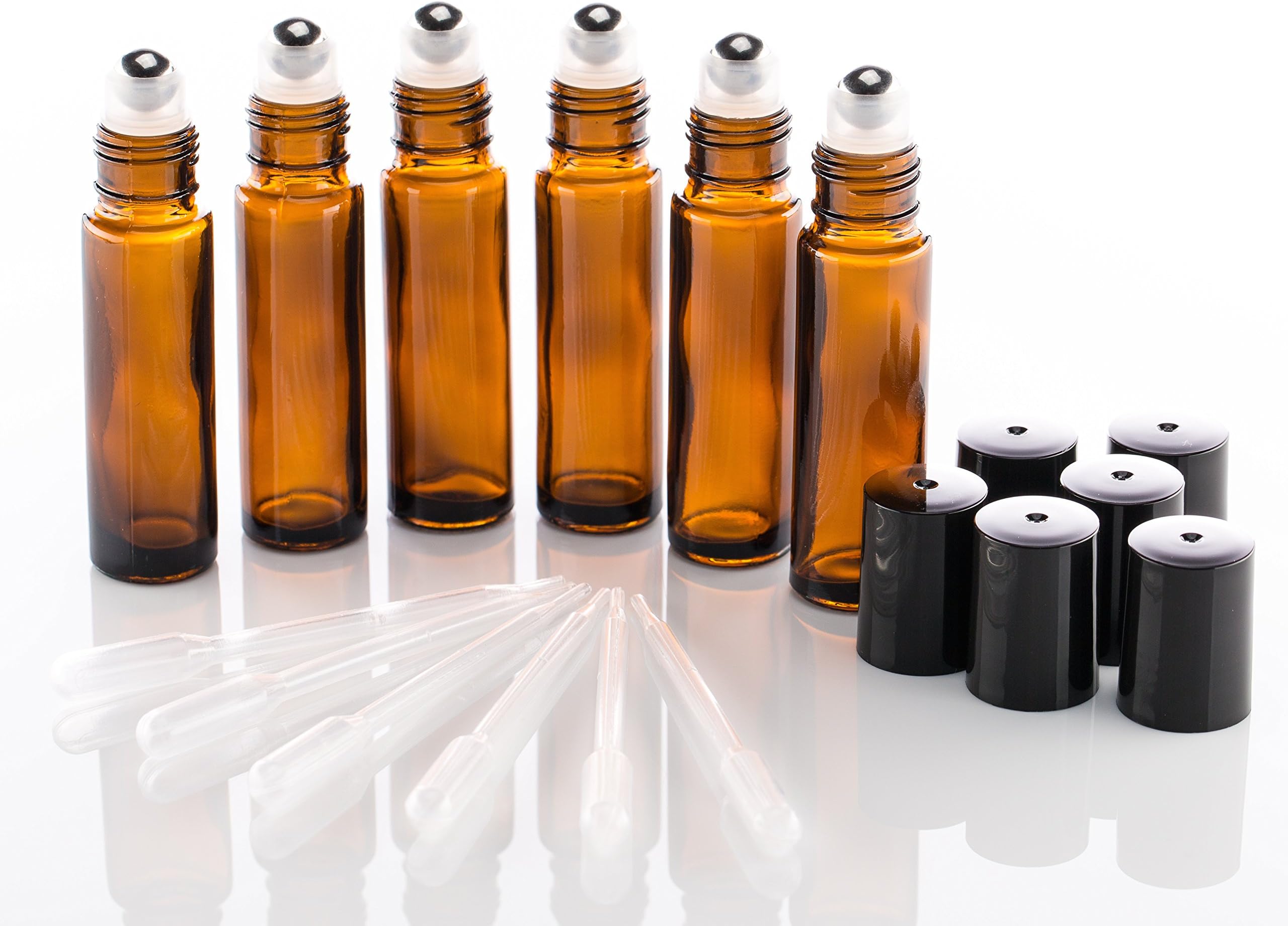 Quality 10ml Amber Roll-On Roller Bottles with Stainless Steel Roller Ball - Durable Glass (6 pack - Plus 6 Dropper Pipettes incl.) - Perfect for Essential Oil Mixes, Perfumes and more applications