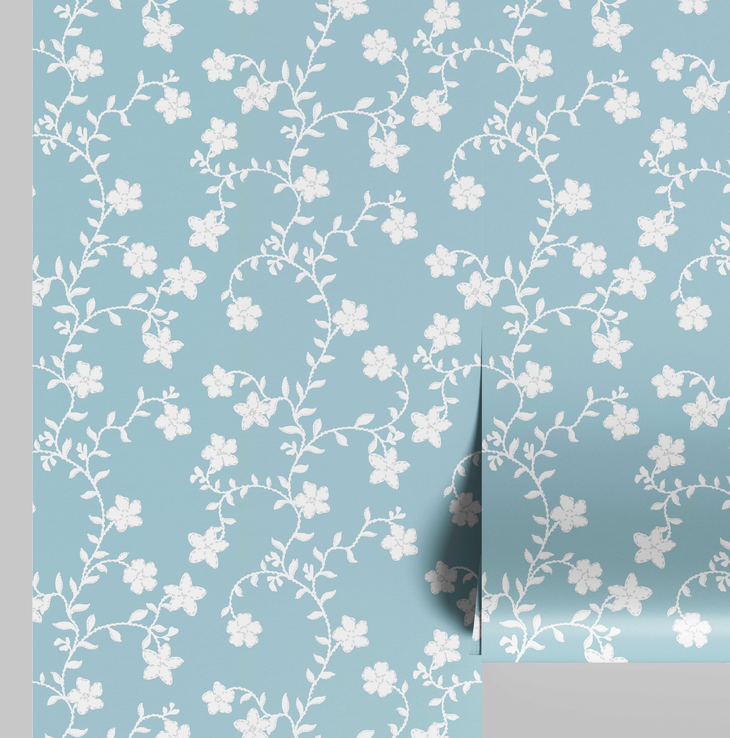 S4Sassy Peel and Stick Wall Covering, Dainty Blossom Vine Removable Walls Wrap - Blue Instant Wall Makeover Mural for Bathroom, Laundry Room, Closet Interior - Self-Adhesive Wallpaper Vinyl - 25"x60"