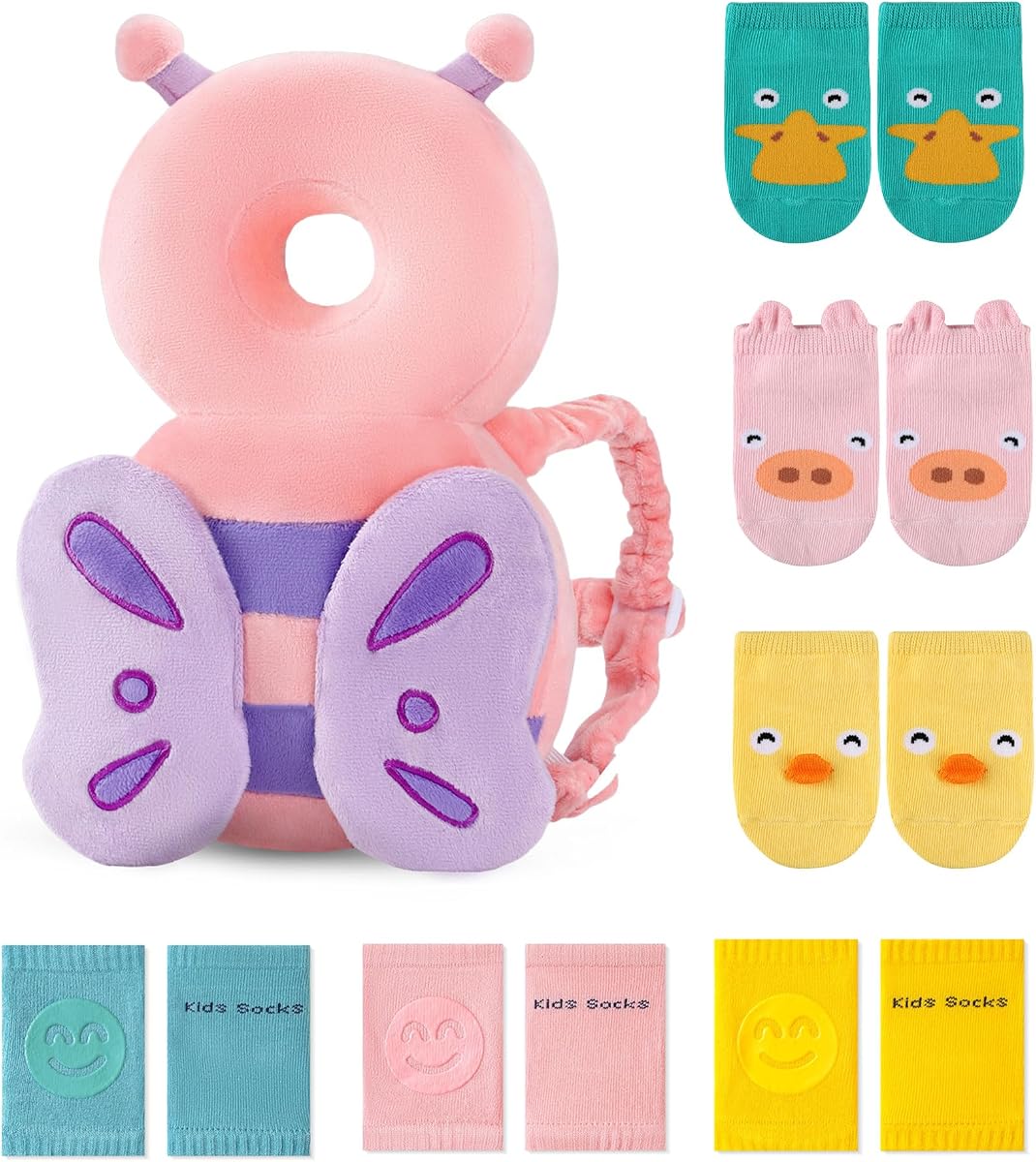 JunNeng Mochila protectora para la cabeza del bebé para 3 rodilleras + 3 calcetines, mariposa | Suave, transpirable, ajustable, protector de cabeza para bebé con rodilleras + calcetines antideslizantes para gatear, caminar y caer