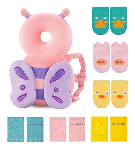 JunNeng Mochila protectora de cabeza de bebé para niños pequeños con rodilleras y calcetines antideslizantes, mariposa