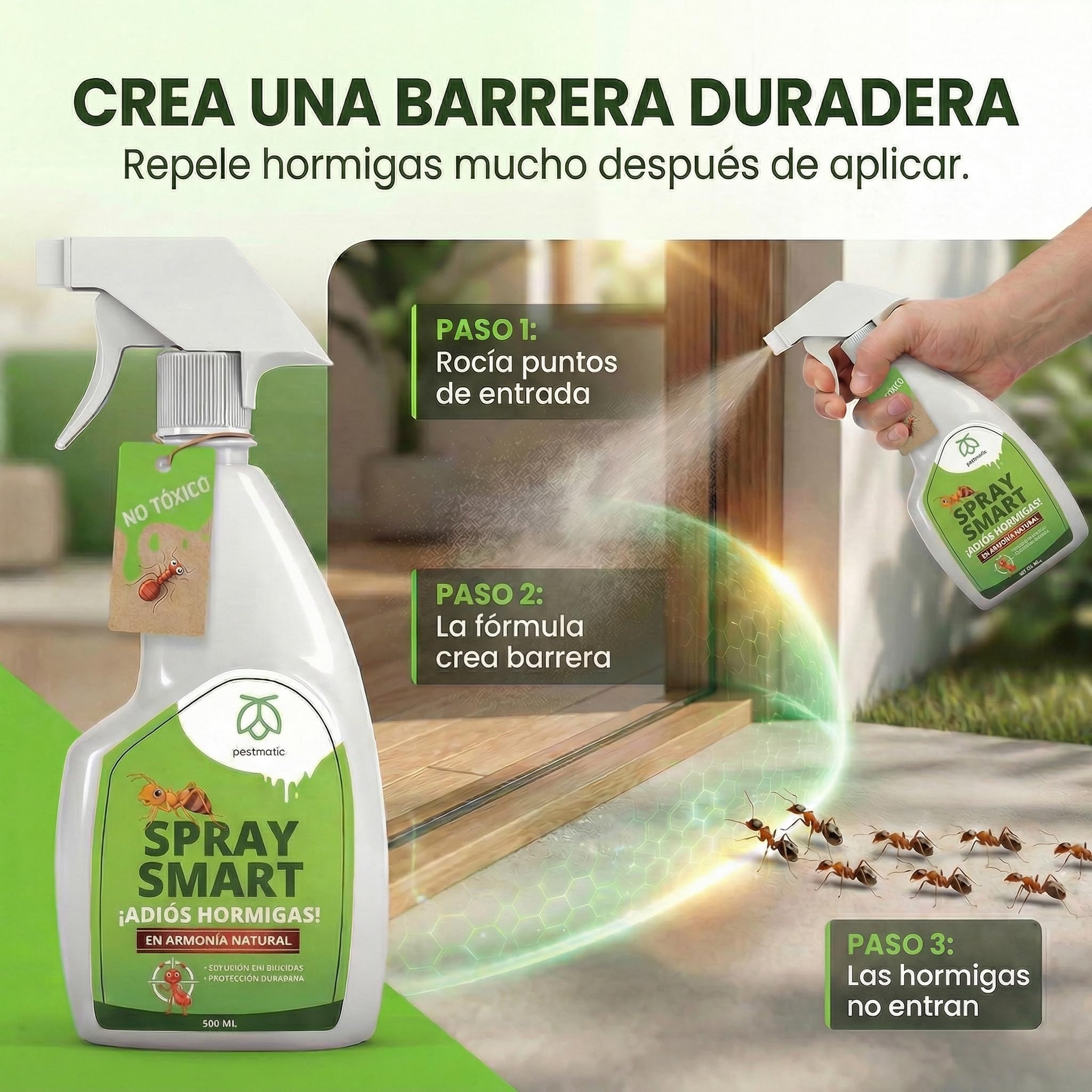 Pestmatic® Spray Antihormigas | Anti Hormigas Interior de Casa y Antihormigas Exterior | Repelente Hormigas Apto Mascotas | Barrera Líquida que Lava y Elimina Físicamente sin Insecticida ni Veneno