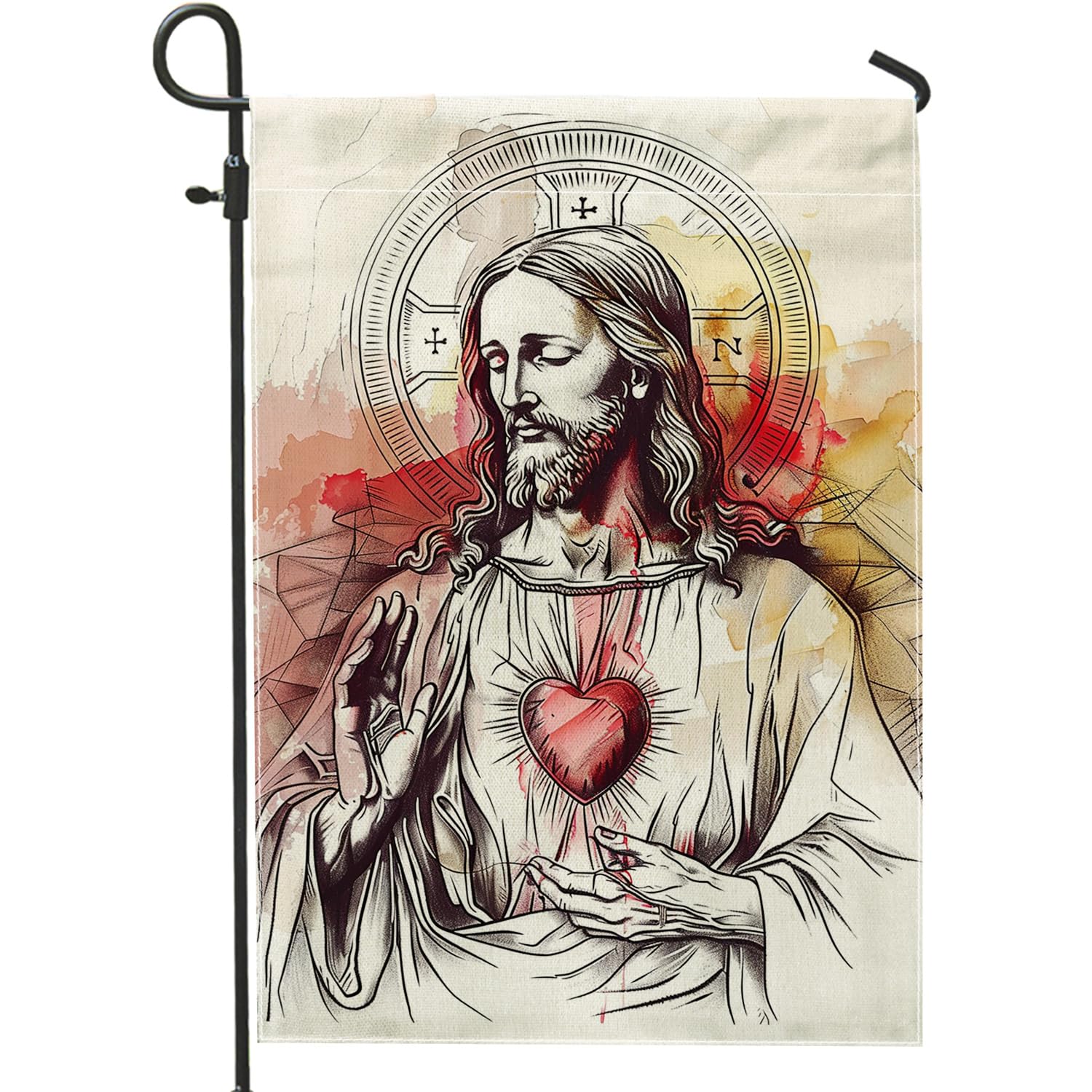 Sacred Heart Jesus Garden Flag, Red and Yellow Sacred Art Home Decor Garden Flags, Double Sided House yard Flag Religious Holiday Outdoor Decoration 12x18 Inch
