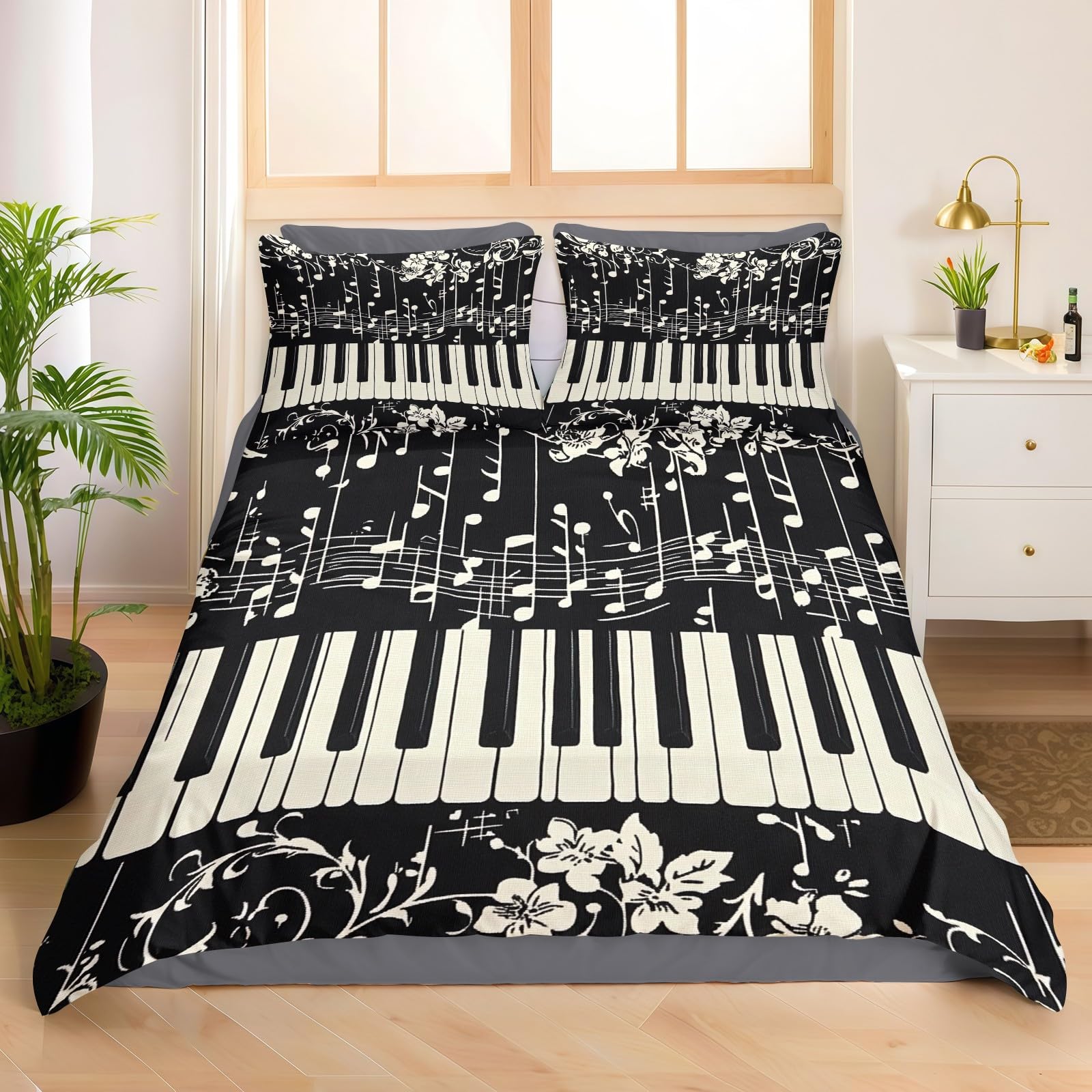 Copripiumino Una Piazza e Mezza 250x200 cm nero Set Biancheria da Letto Tastiera del pianoforte e note in Microfibra Traspirante con Cerniera e 2 Federe