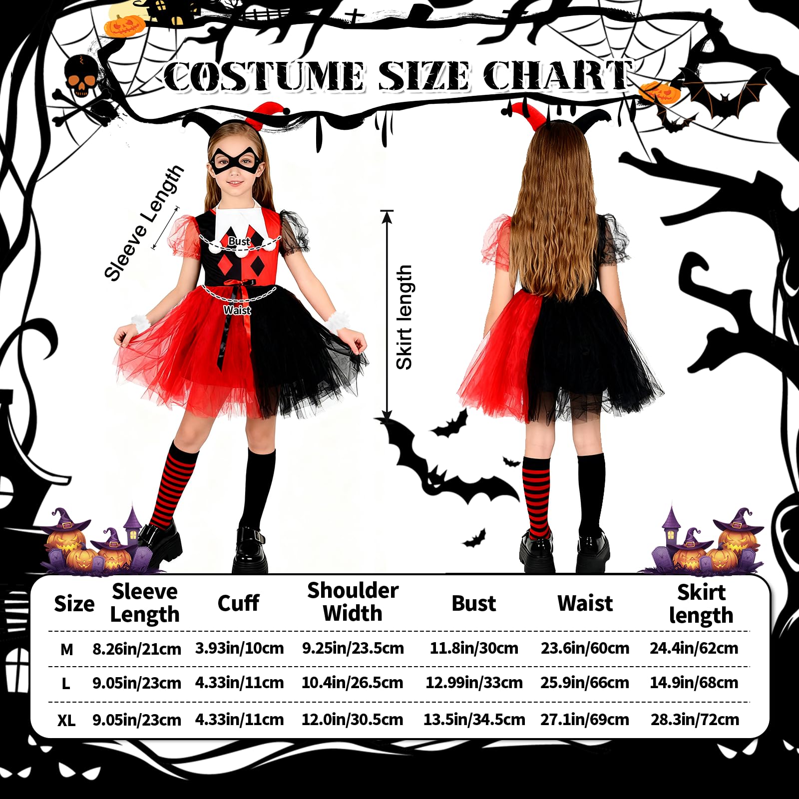 Vcumter Quinn Cosplay Costumes for Kids 8Pcs Quinn Girls Fancy Dress Halloween with Inflatable Baseball Mask Hairband Clown Villain Costume for Girls Carnival Cosplay (Red Black - Image 3
