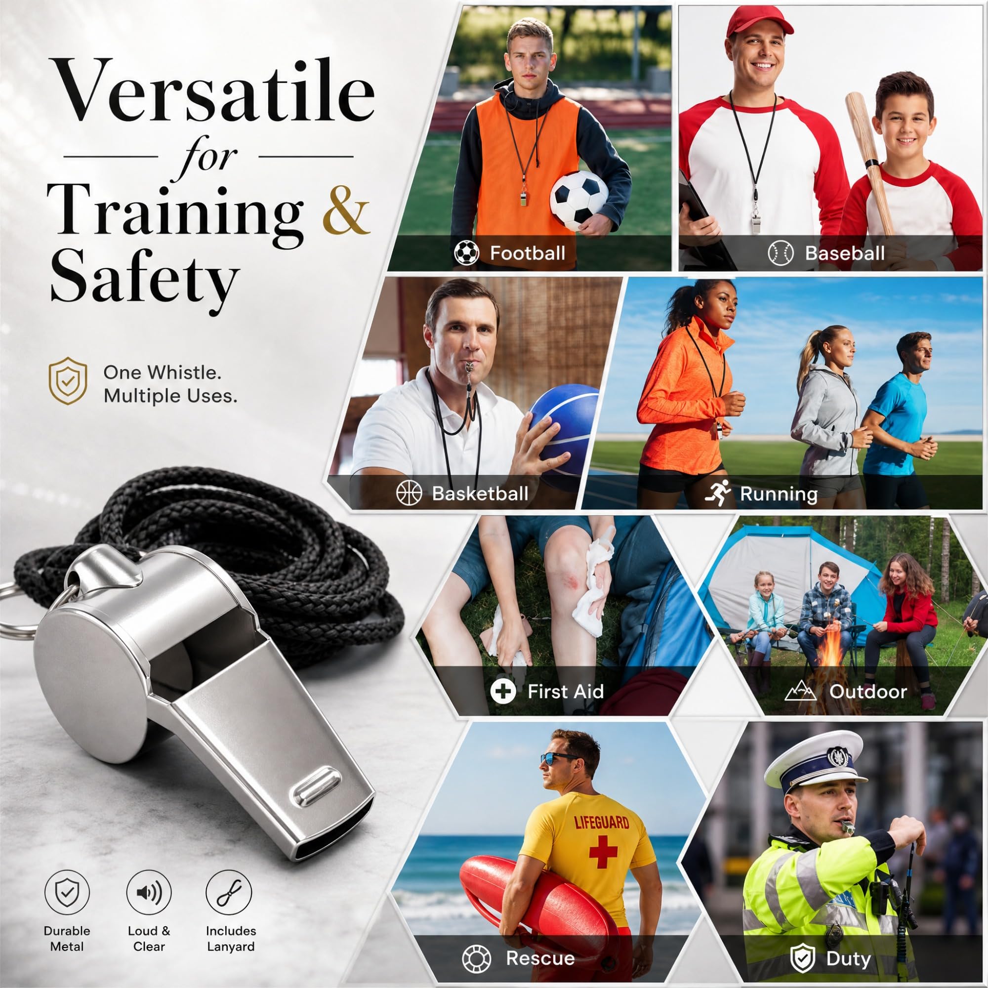 Kingdder 100 silbatos de árbitro de metal a granel para entrenadores para adultos con cordón de acero inoxidable, silbato deportivo de emergencia para profesores, policías, deportes escolares (negro,