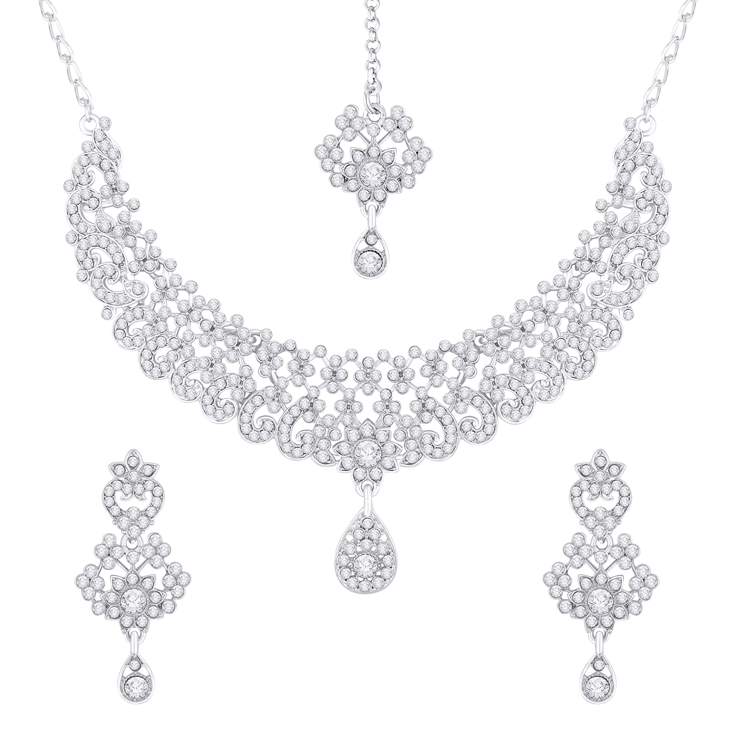 Atasi International Silver Plated Triune Sparkle Diamond Choker Necklace Set With Earrings & Maang Tikka - Weddings, Parties, And Festivals - White (R5405, Womens) (B09RJCNRCL) Amazon Price History, Amazon Price Tracker