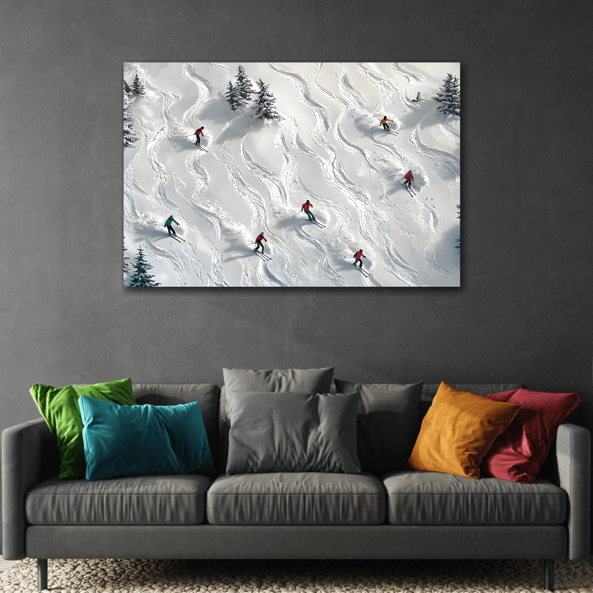 Abstract Skiing Sport Canvas Winter Wall Art, Skiers Sky Home Decor 36x24inch 90x60cm (Horizontal) / 1.25inch 3.175cm