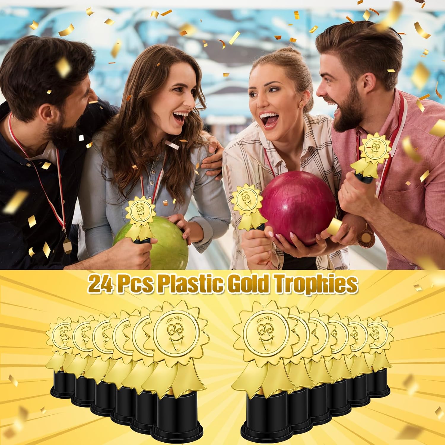 WinnerWhy 24 Pcs Ribbon Smile Face Trophies Plastic Gold Trophy Awards Gold Small Trophy Cups Trophies Achievement Awards for Party Favors Sports Competitions Winner Award Ceremonies Team Coworkers