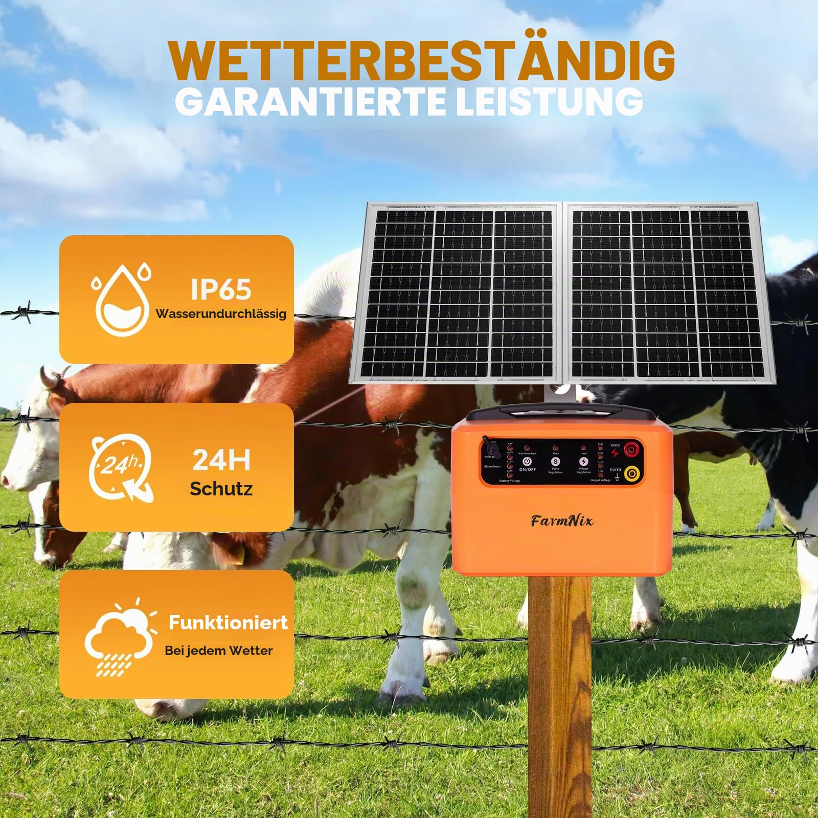Weidezaungerät Solar 12V, Elektrozaungerät 0.3-1.5J, 6KV-12KV | bis 48KM Reichweite, inkl. 15W Solarpanel & 12V 7Ah Akku, für Rinder, Pferde, Schafe, Hunde & Geflügel
