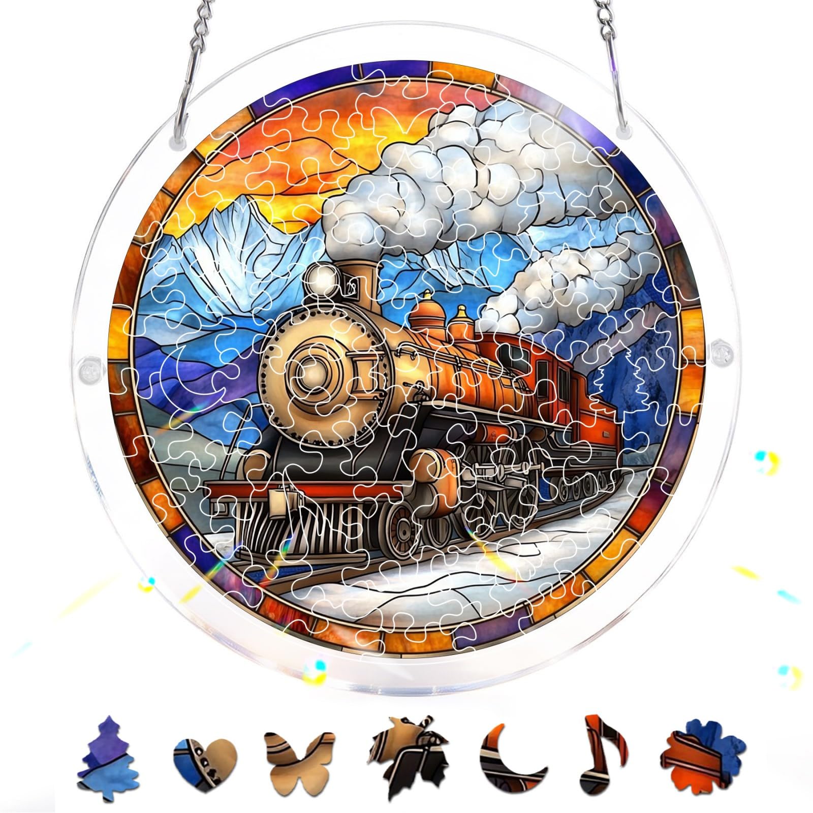 Bimkole 83 Pieces Acrylic Jigsaw Puzzle Suncatcher - Train, Stained Glass Window Hanging Pendant, Home Decor Creative Mom Gifts, Sun Catcher Decor for Garden Home Birthday Gifts 18 cm