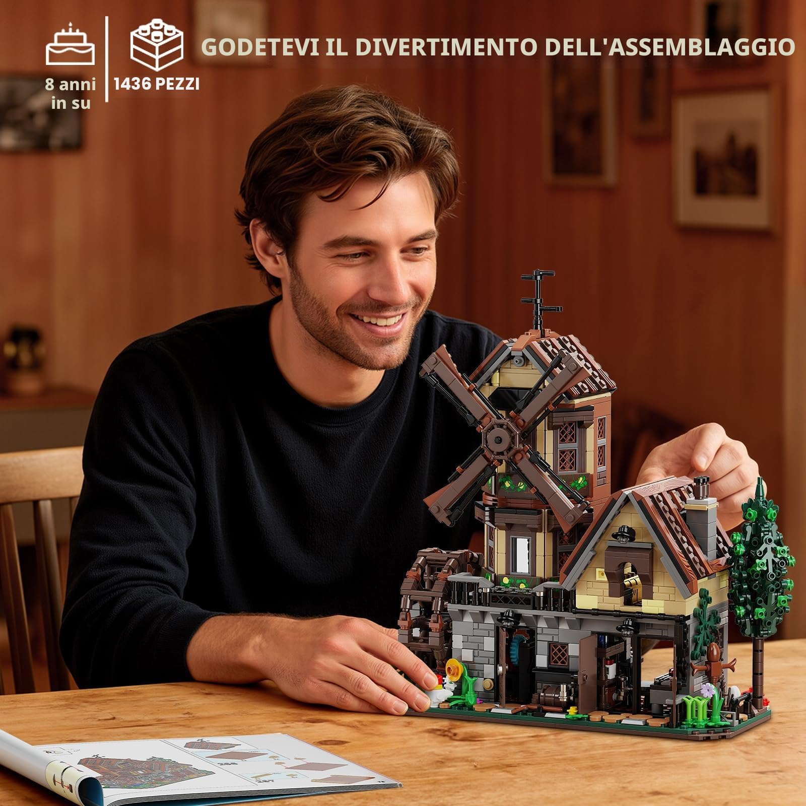 TYCOLE Set di Mattoncini 1436 Pezzi - Cabin di Legno con Luci LED, Mulino a Vento e Ruota ad Acqua Meccanici - Casa Modello di Costruzione per Adulti e Bambini
